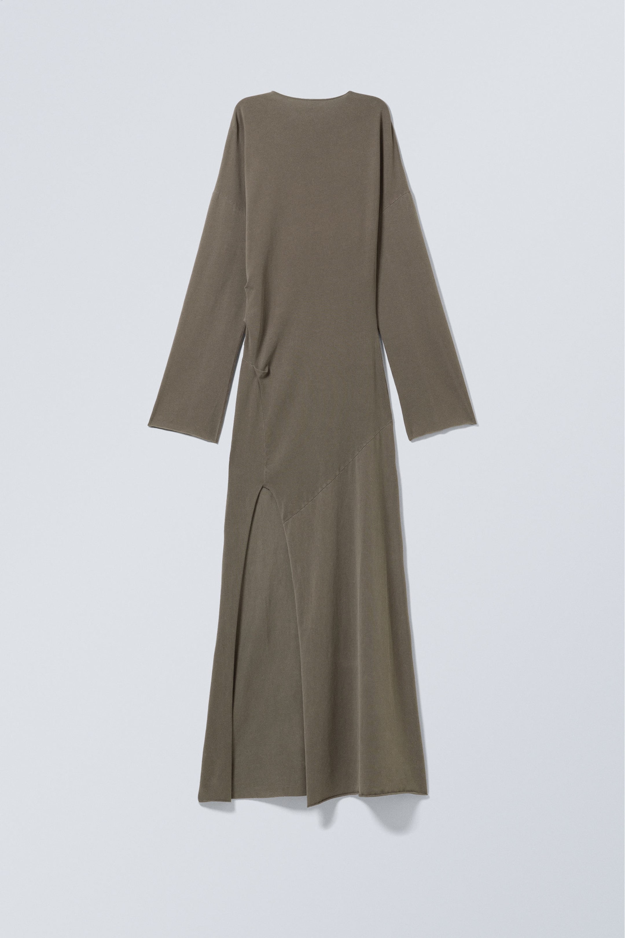 Donker taupe met wassing - Gedrapeerde maxi-jurk met lange mouwen en split - 4