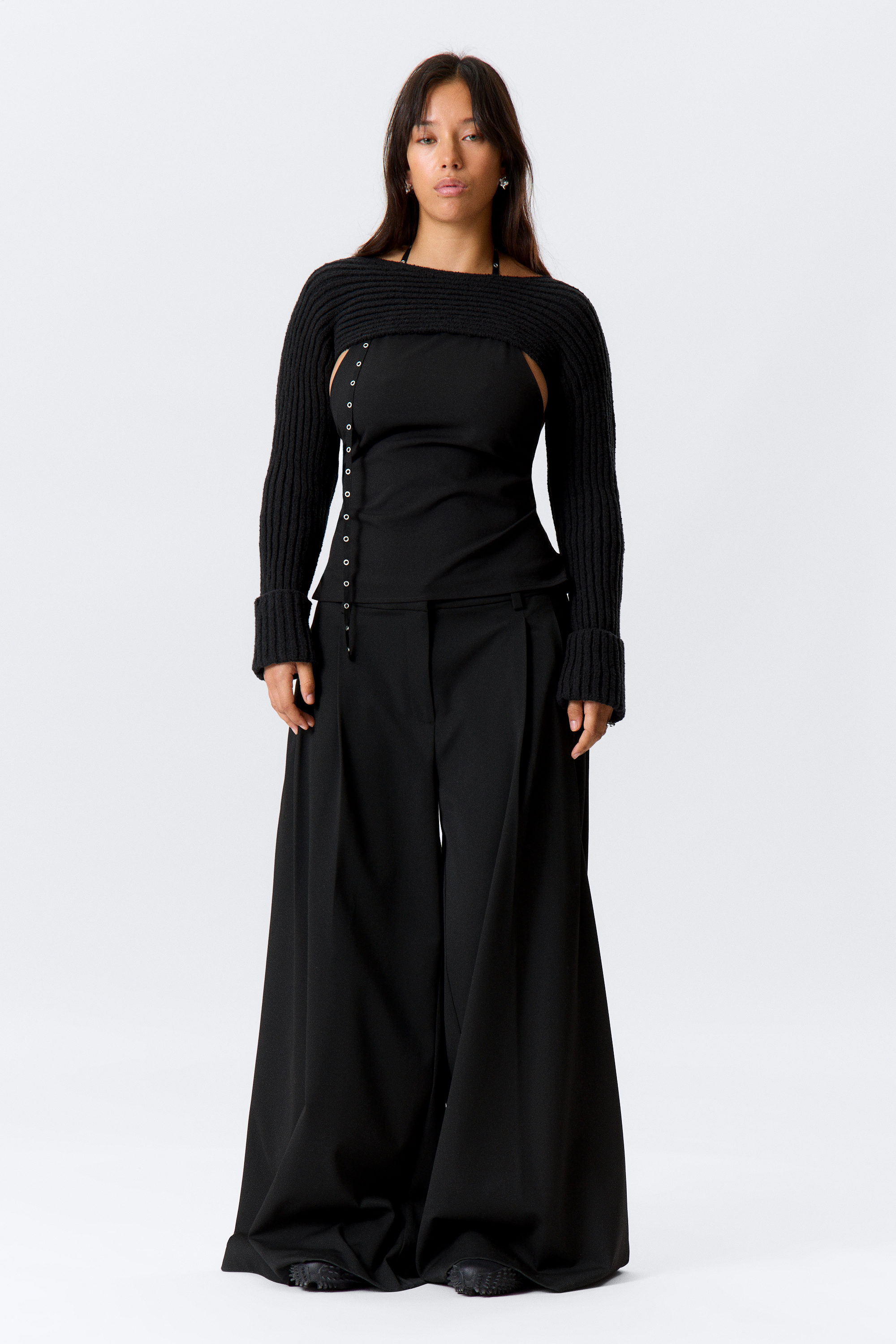 Black - Knitted Boat-Neck Bolero - 2