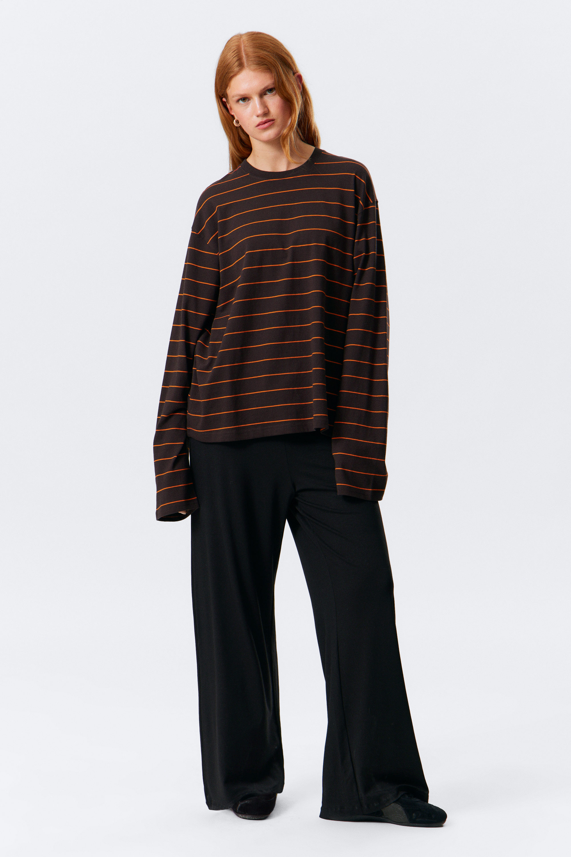 Striped Dark Brown - Long-Sleeved Boxy Cotton T-shirt - 2