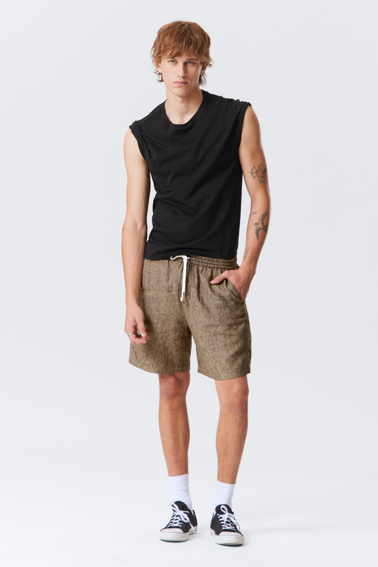 Relaxed Linen Drawstring Shorts - Dark Brown Melange/Black/Ecru