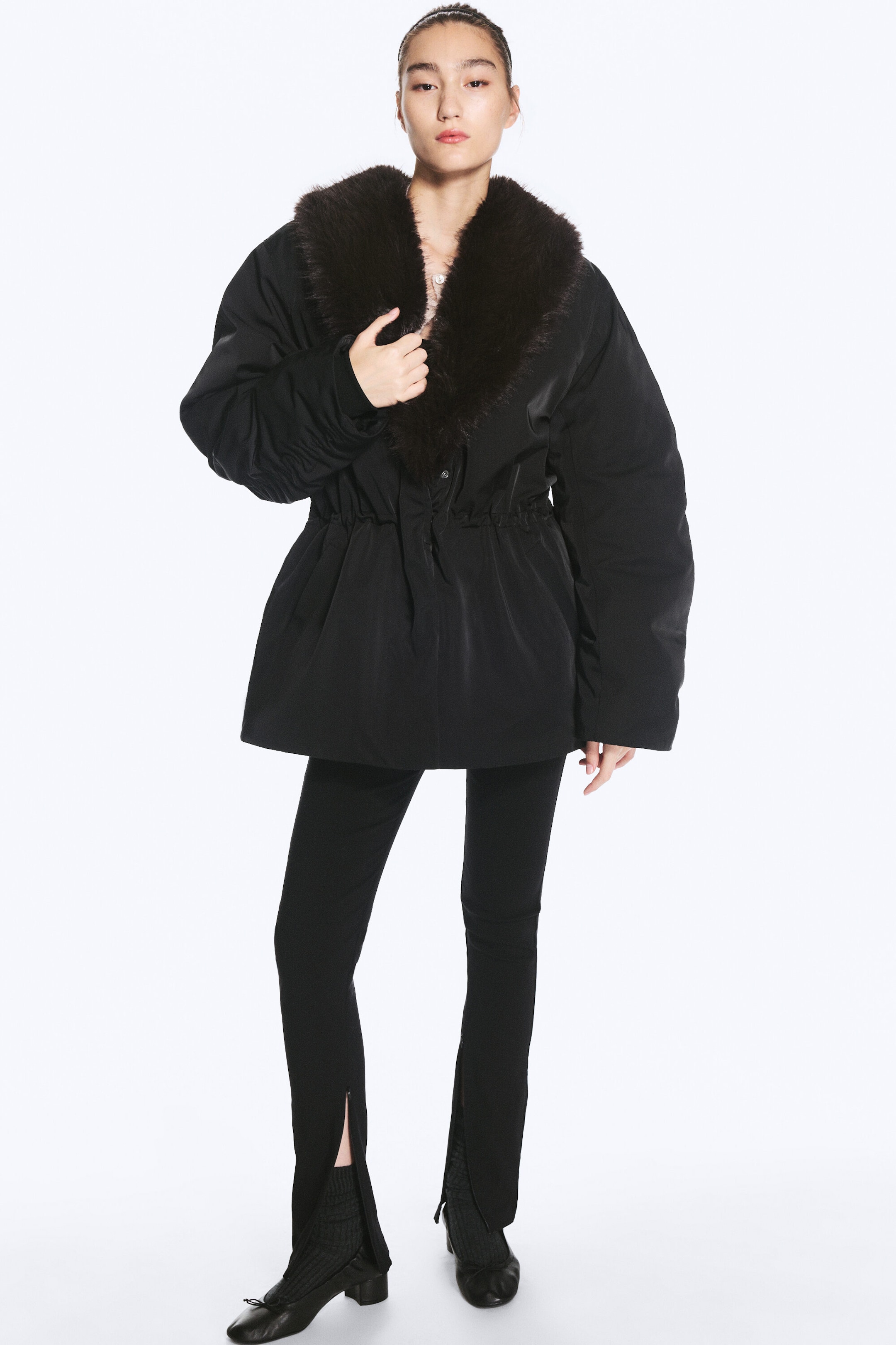 Black - Faux Fur-Collar Padded Jacket - 2