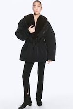 Black - Faux Fur-Collar Padded Jacket - 1