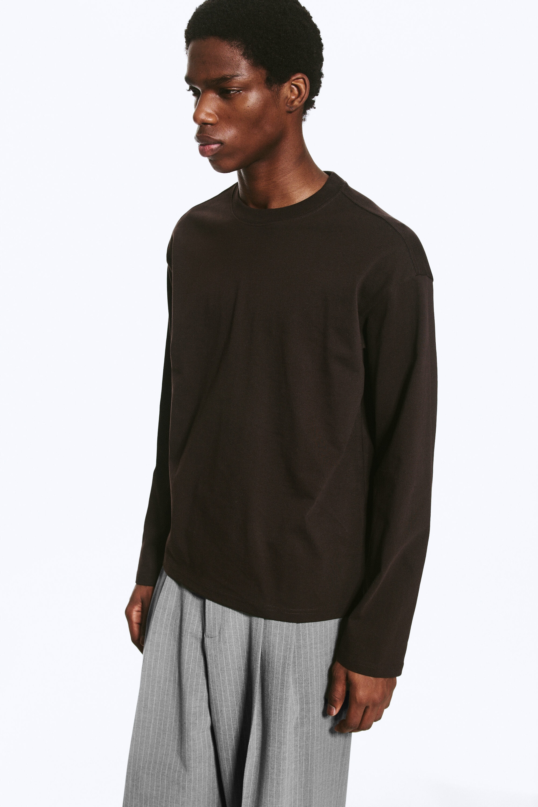Dark Brown - Loose Boxy Long-Sleeved T-shirt - 1