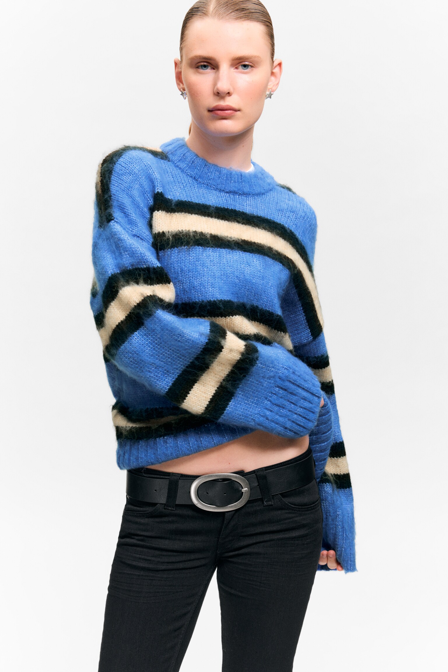 Relaxed Fit Fluffy Knit Sweater - Striped Blue/Dusty Yellow & Brown Stripes/Dark Brown - 1