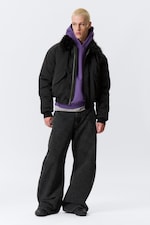 Black - Loose Bomber Jacket with Faux-Fur Collar - 2