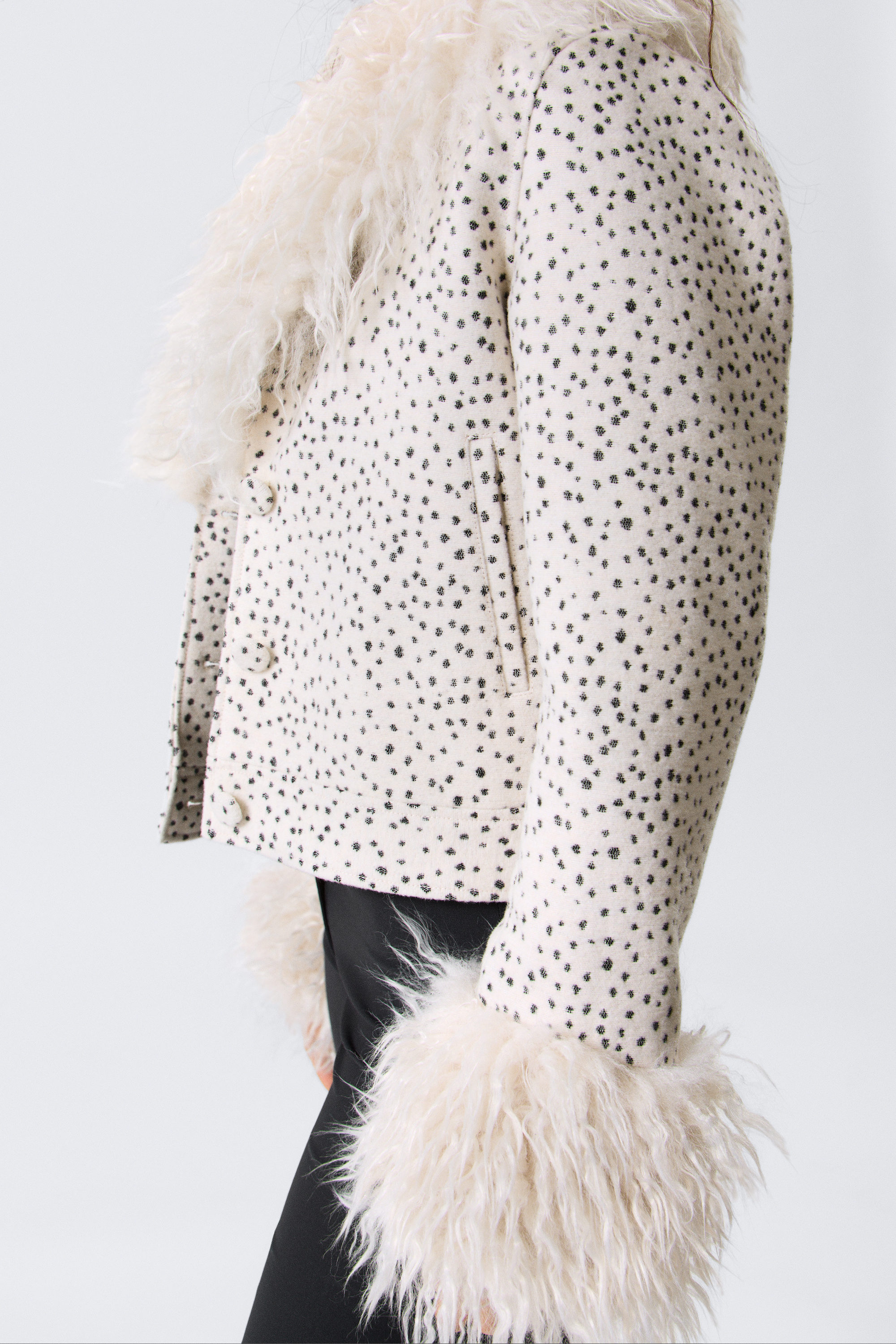 Dusty White - Black Dots - Cropped Faux Fur Trim Jacket - 1