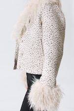 Dusty White - Black Dots - Cropped Faux Fur Trim Jacket - 1