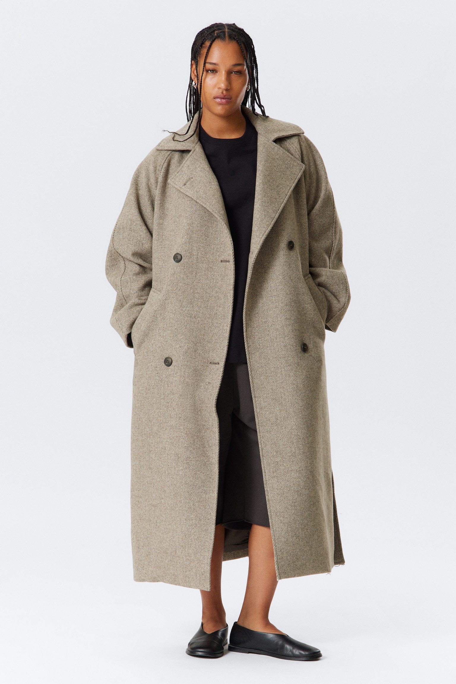 Kia Zweireihiger Oversize-Mantel aus Wollmischung - Helles Beige/Dunkelgrau meliert