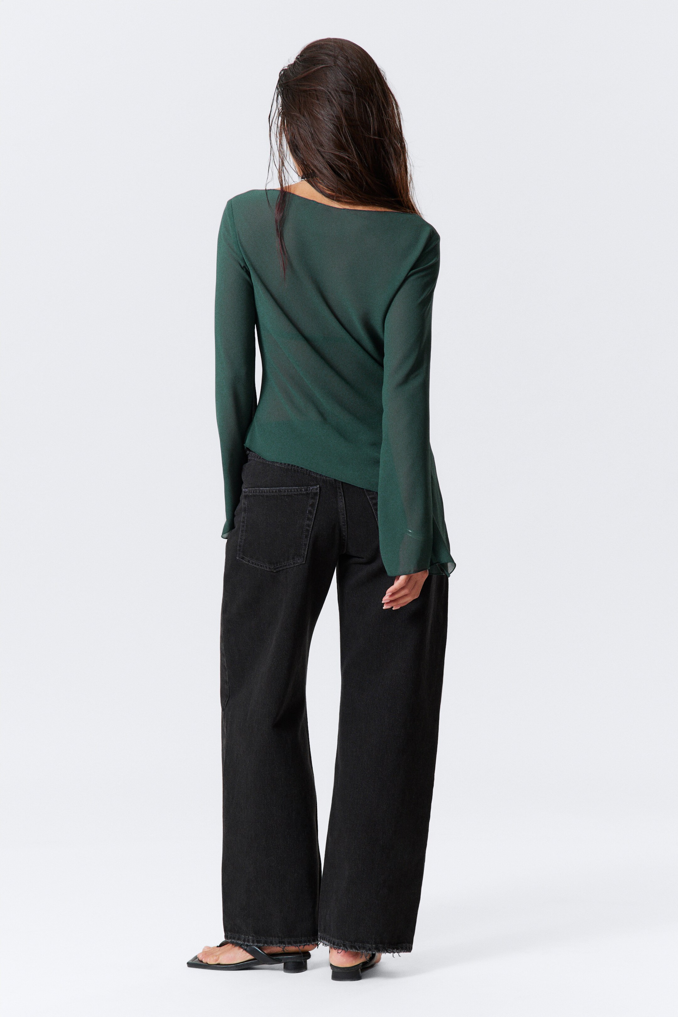 Grotere afbeelding bekijken: Doorschijnende asymmetrische blouse met lange mouwen - Petrol - DAMES | H&M NL 4