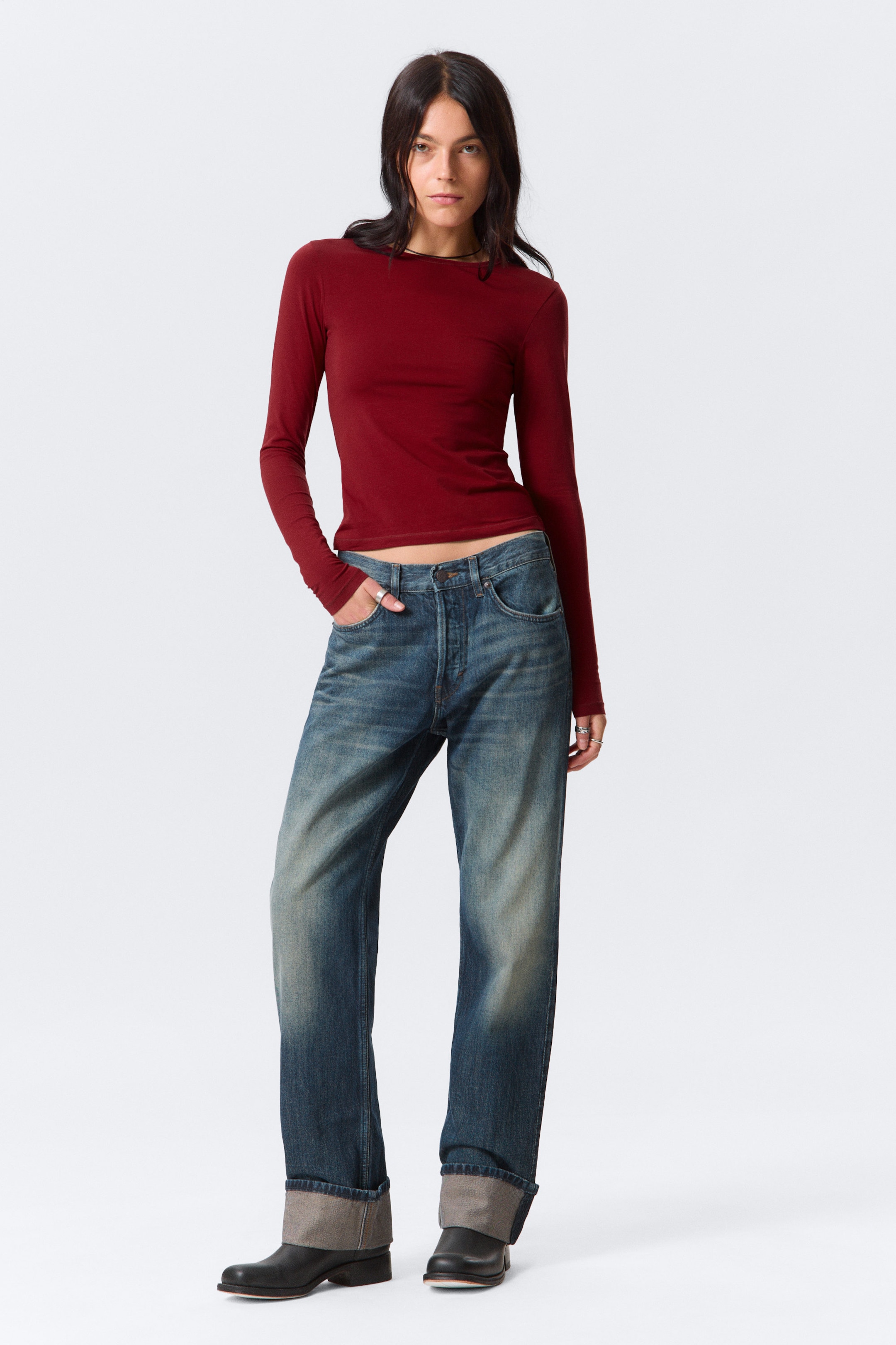 Dark Red - Slim Fitted Long Sleeve - 1