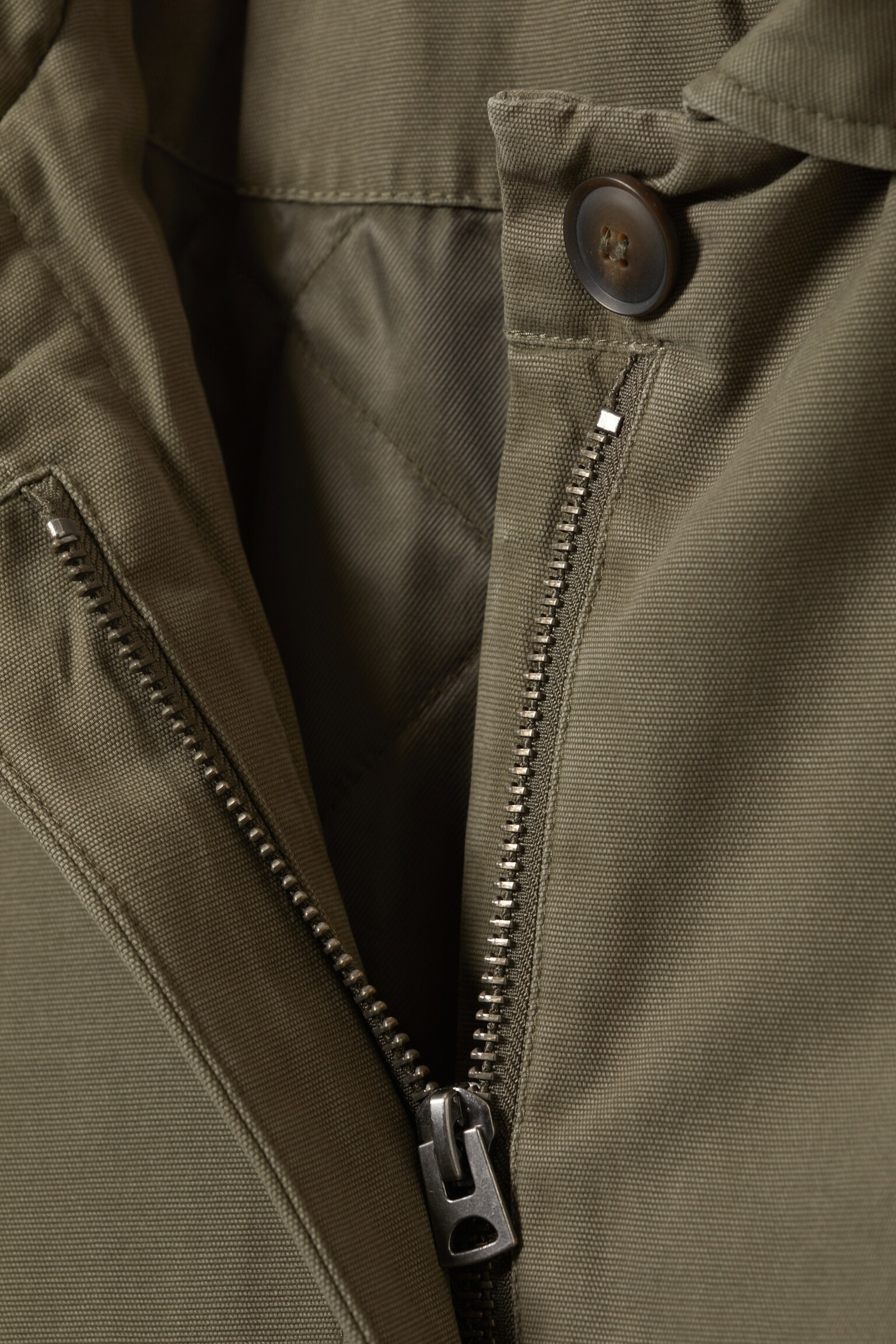 Loose Fit Canvas Car Coat - Dark Khaki Green/Dark Grey - 5