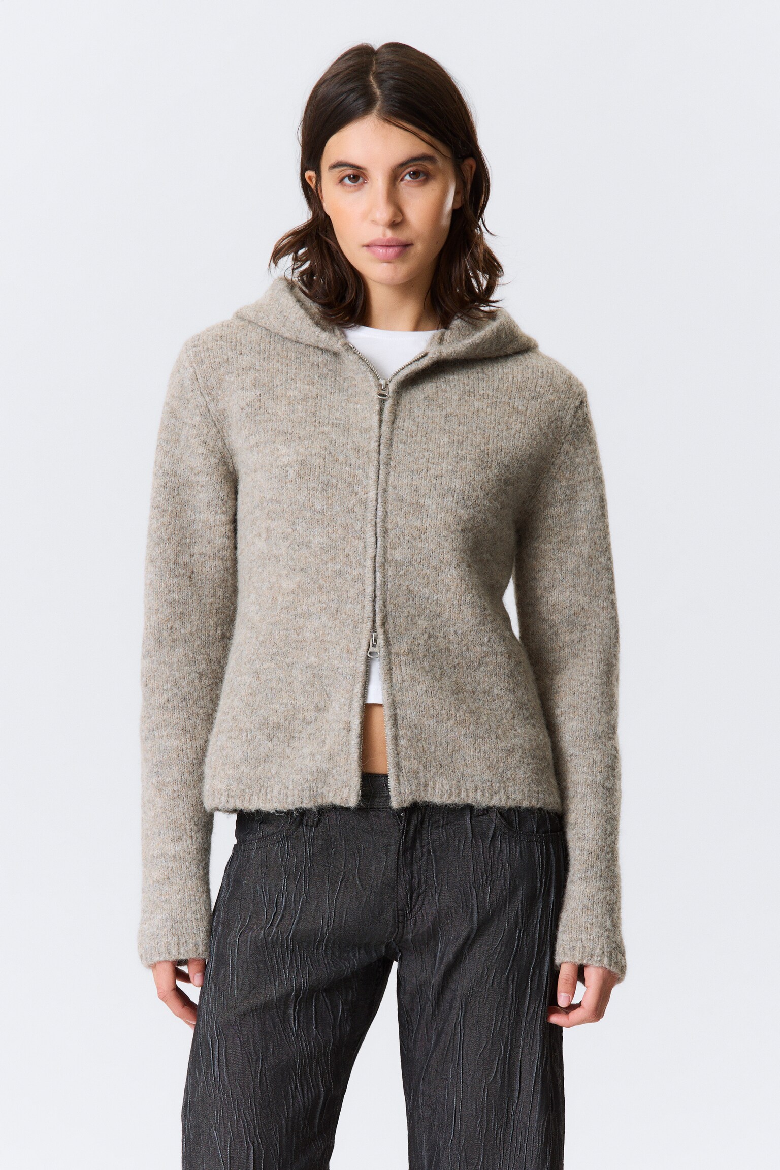 Knitted Wool-Blend Zip Hoodie - Dark Mole Melange - 4