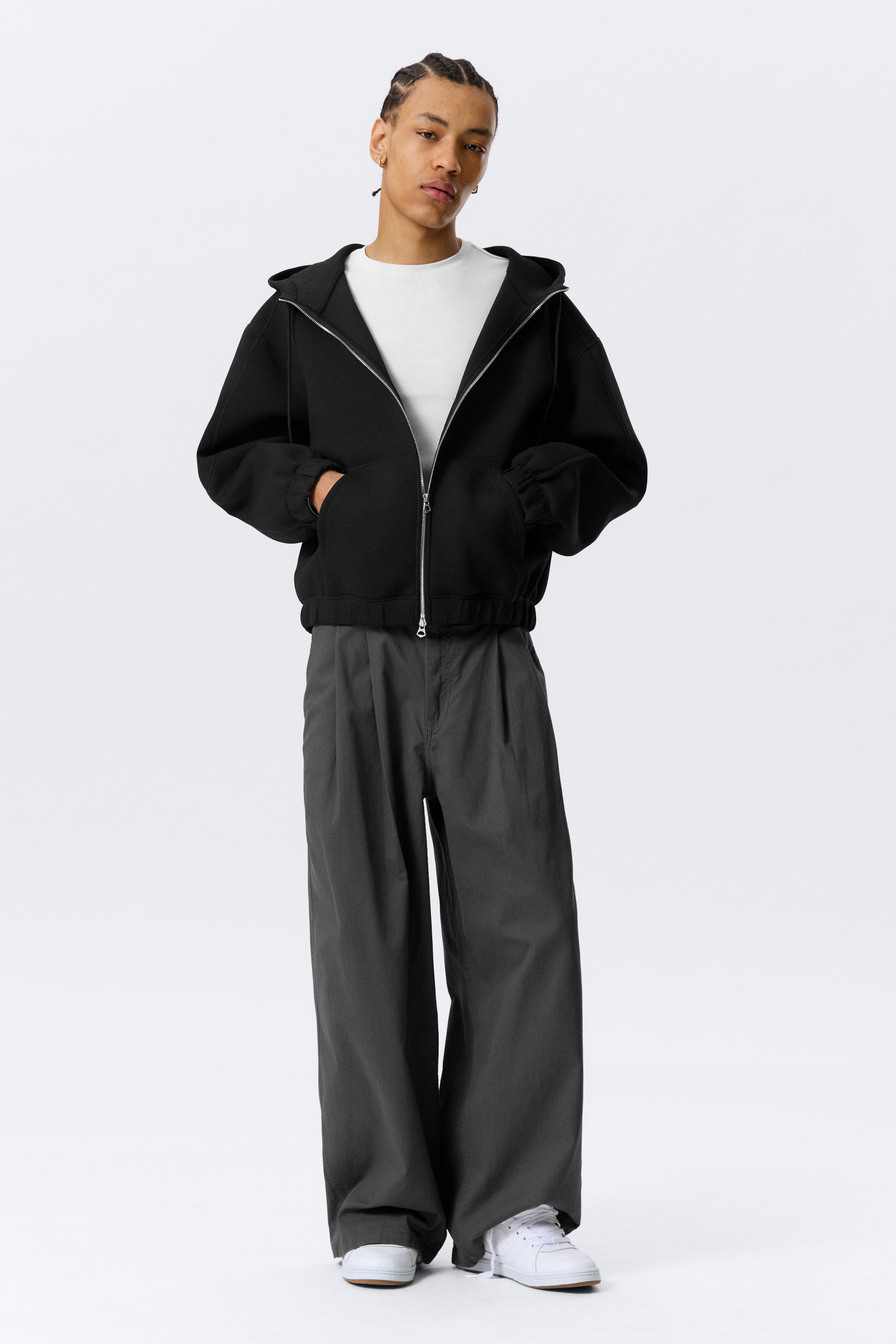 Black - Loose High-Neck Scuba Zip Hoodie - 2