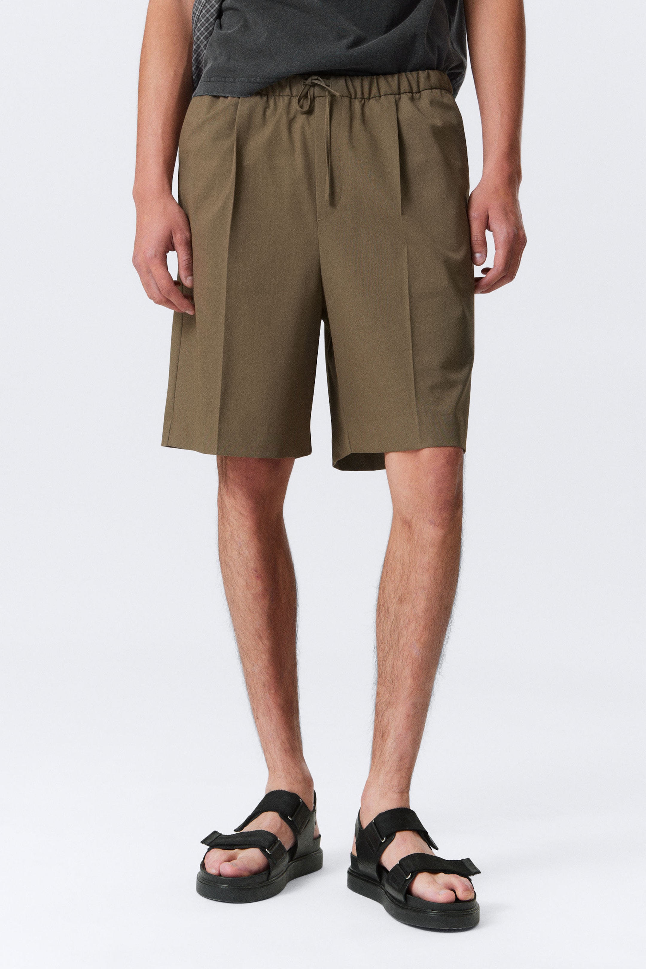 Khaki - Weite Twill-Anzugshorts mit Kordelzug - 2