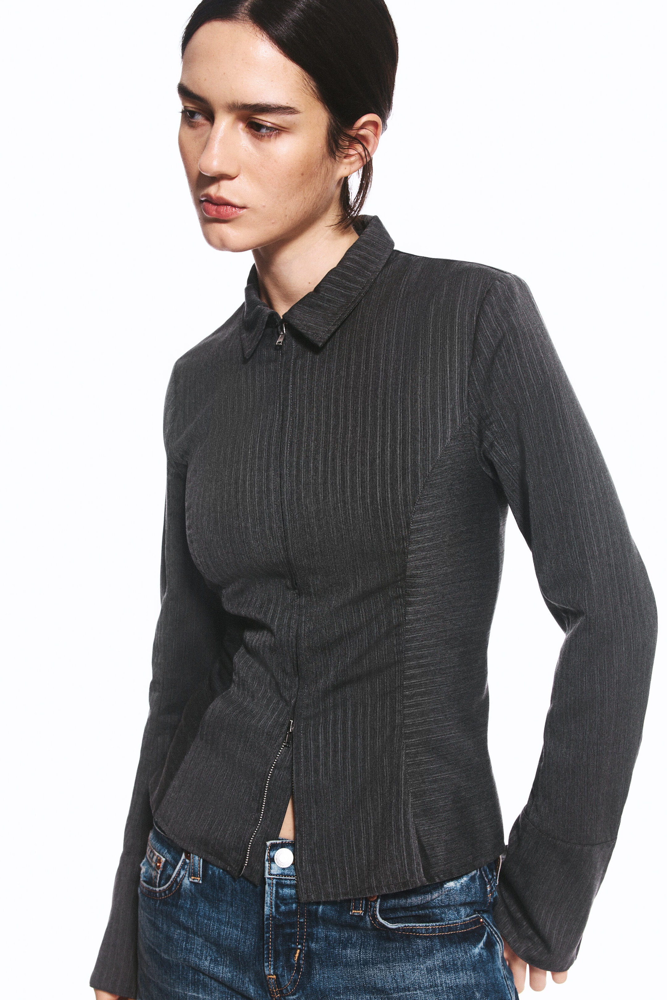 Striped Dark Grey Melange - Long-Sleeved Fitted Zip Shirt