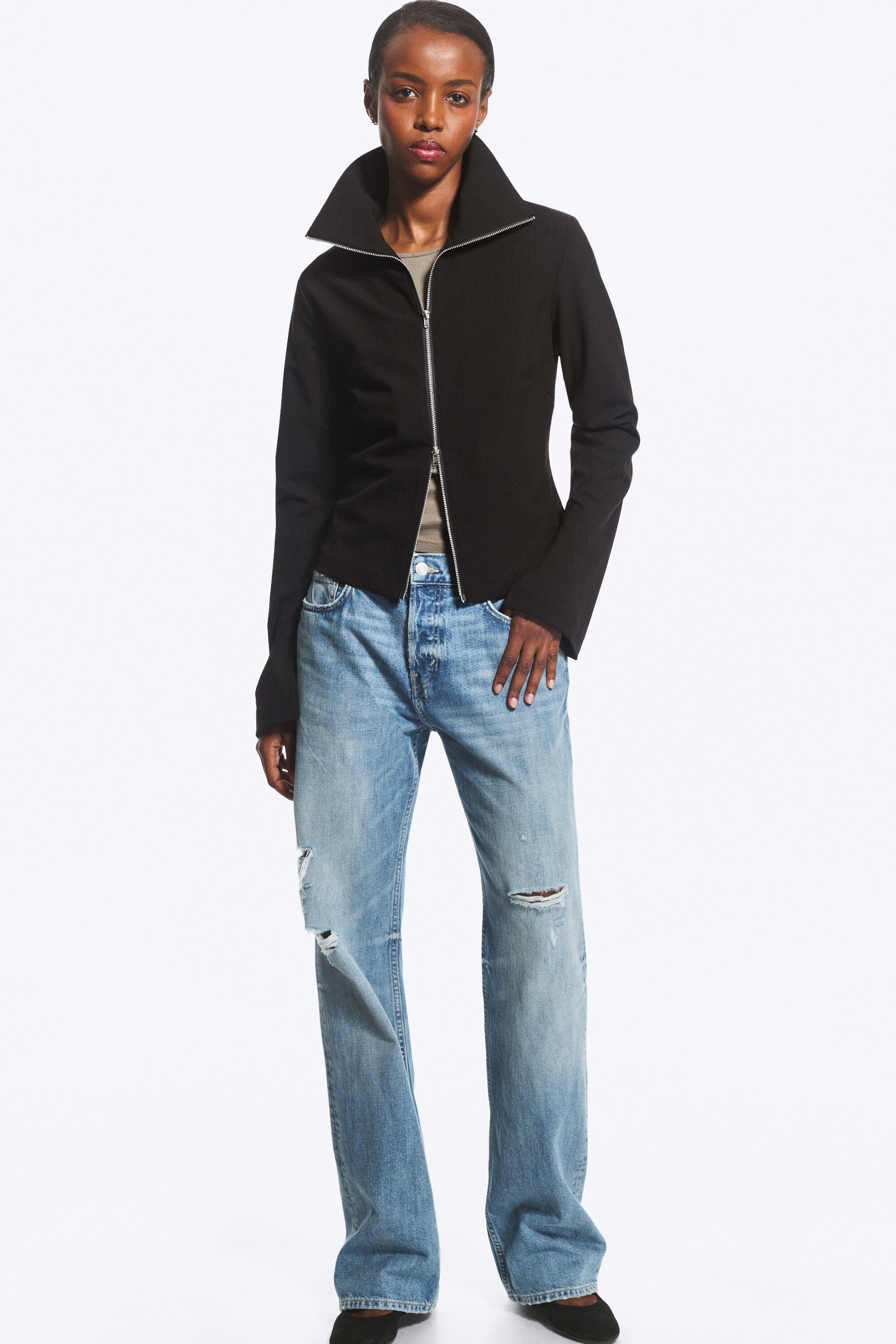 Striped Black - Slim Long-Sleeved Zip Shirt - 2