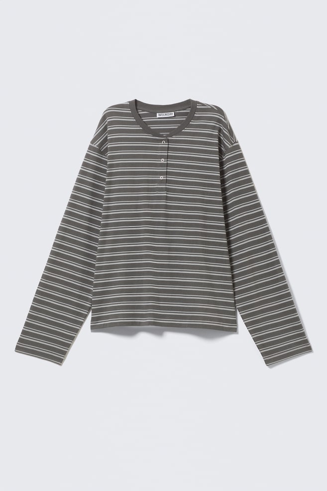 T-shirt Henley a maniche lunghe - Grigio scuro a righe/Bianco - 1