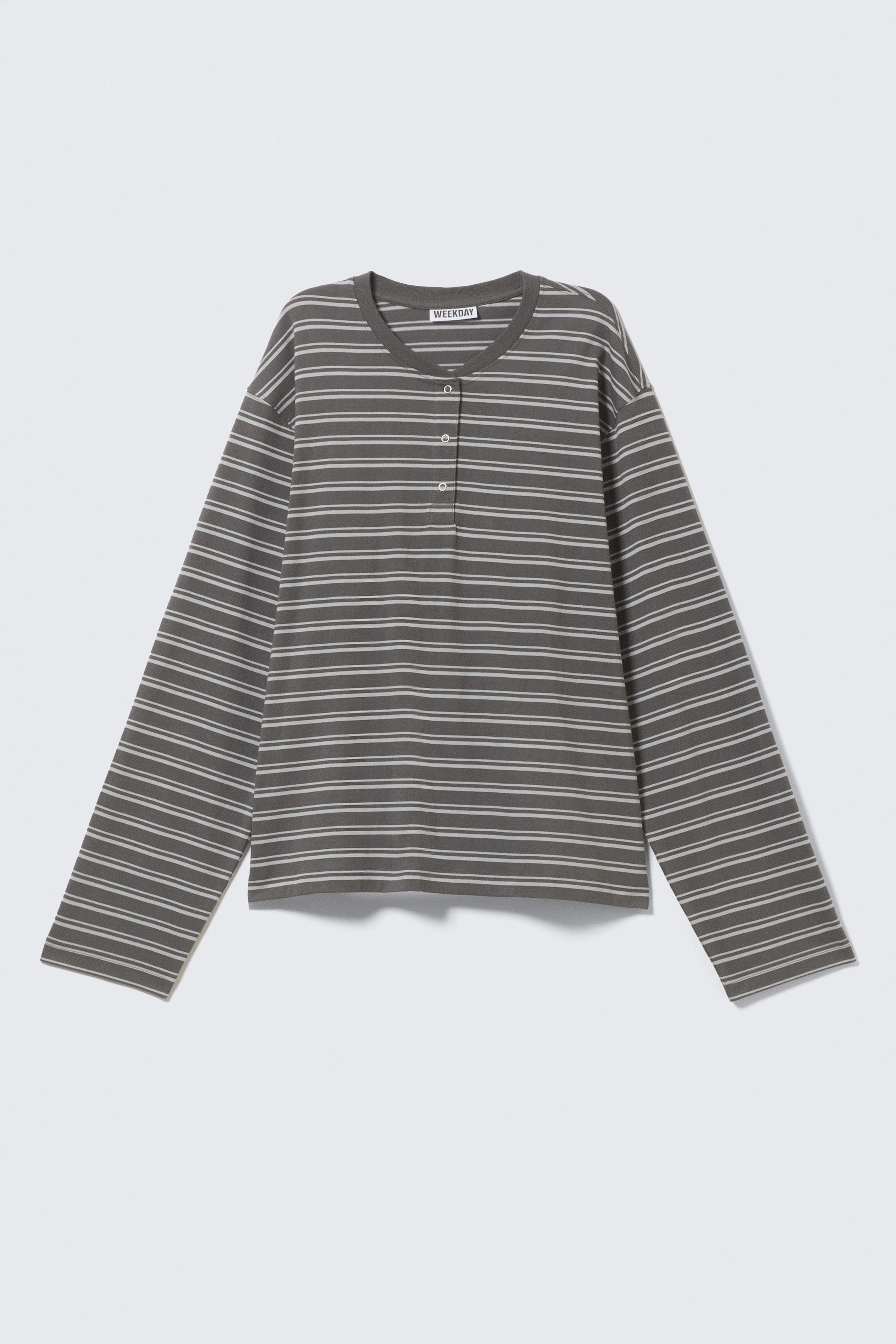 Striped Dark Grey - Boxy Long-Sleeved Henley T-shirt - 3
