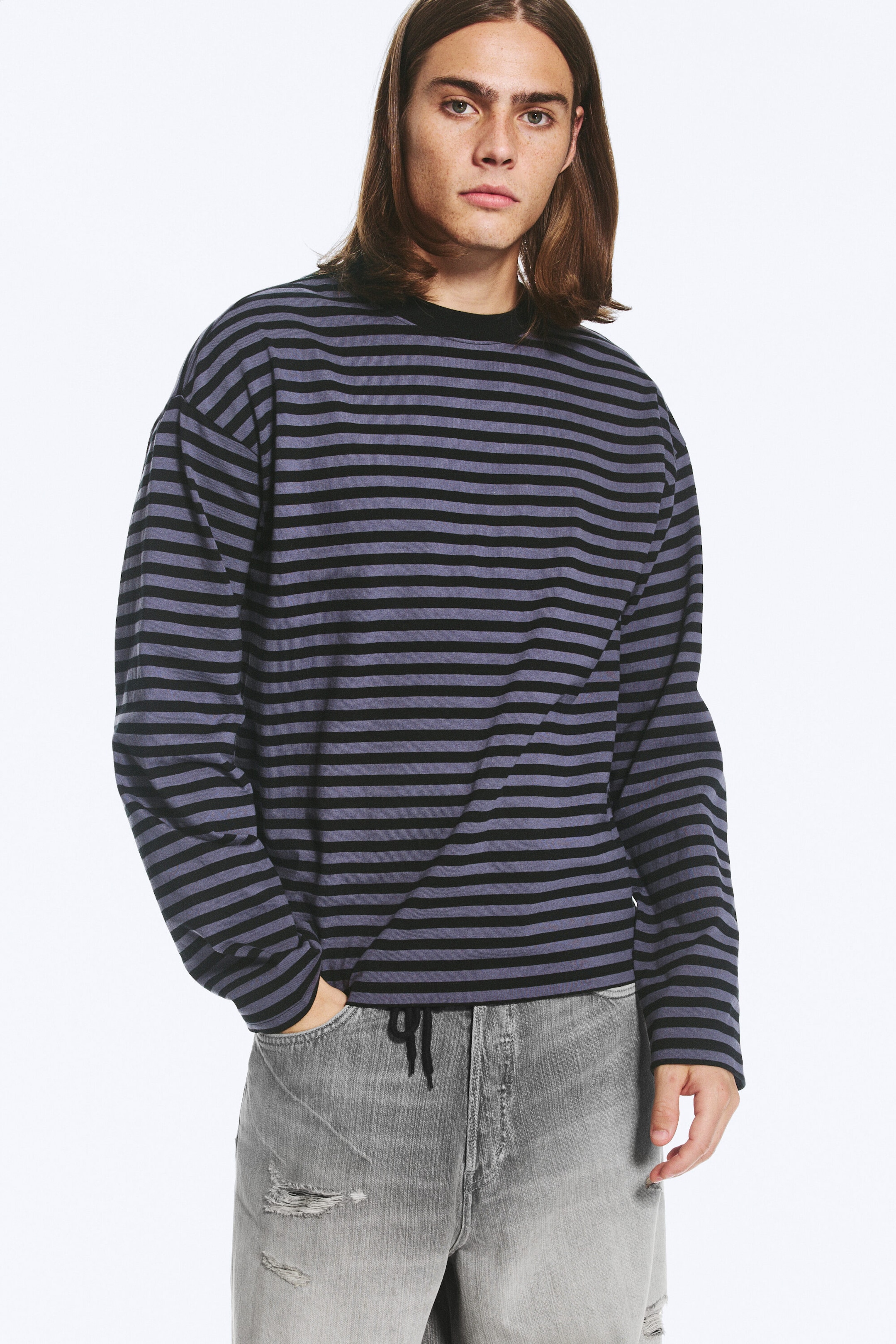 Lilas rayé/Noir - T-shirt ample à manches longues - 2