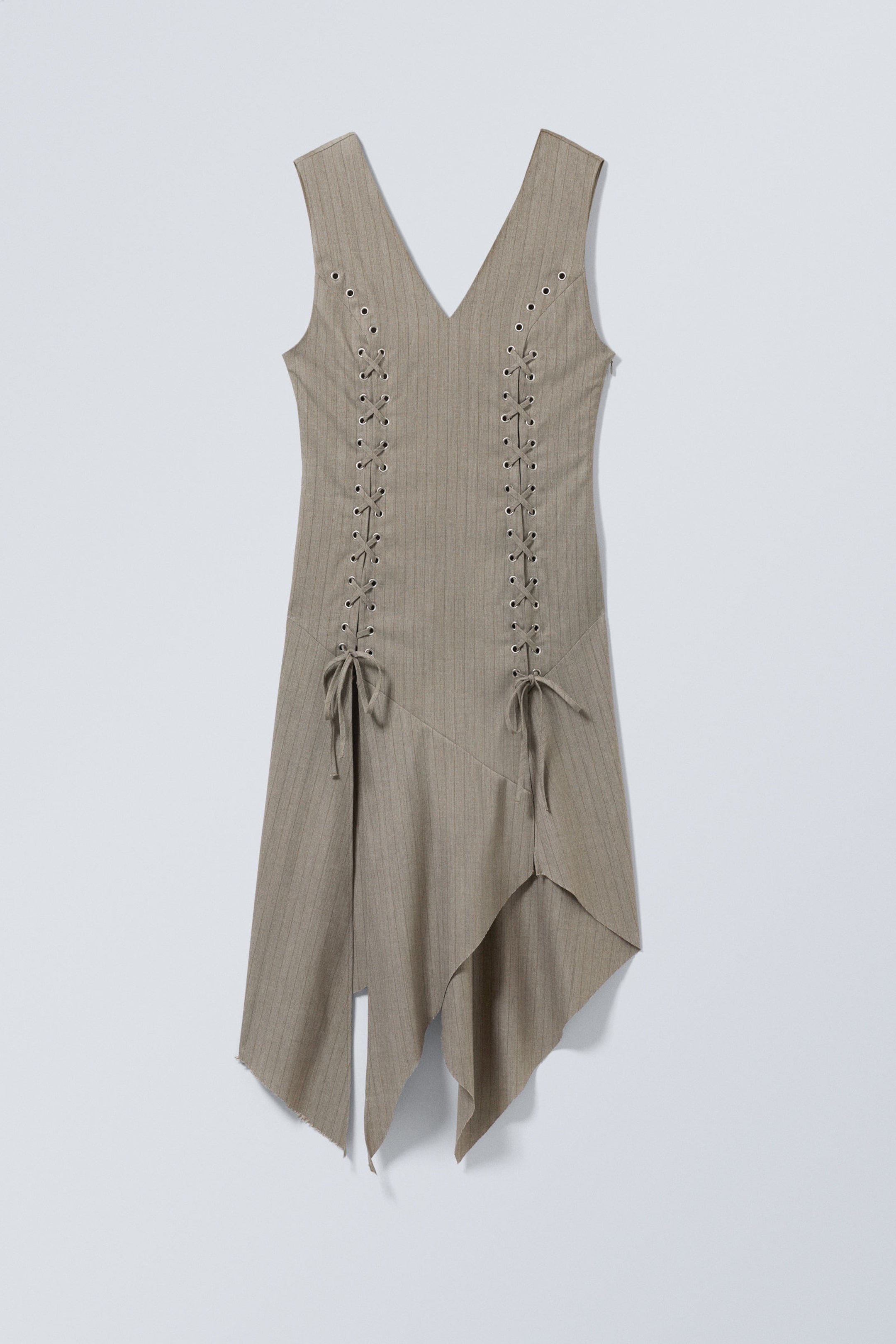 Gestreiftes Staubbeige - Ärmelloses Midikleid mit Schnürung - 1