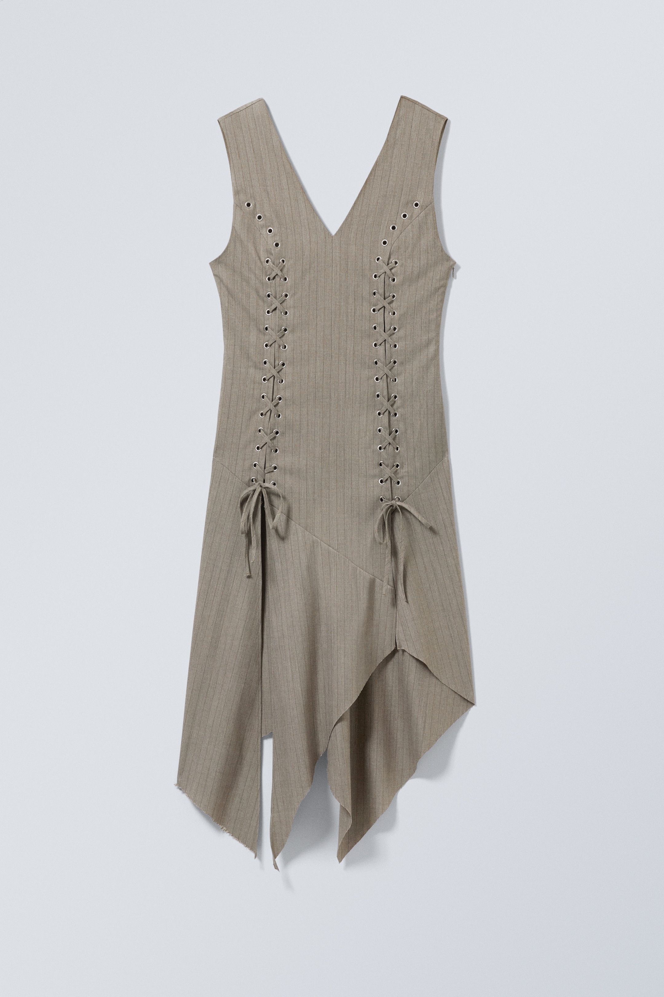 Striped Dusty Beige - Sleeveless Lacing Midi Dress - 1
