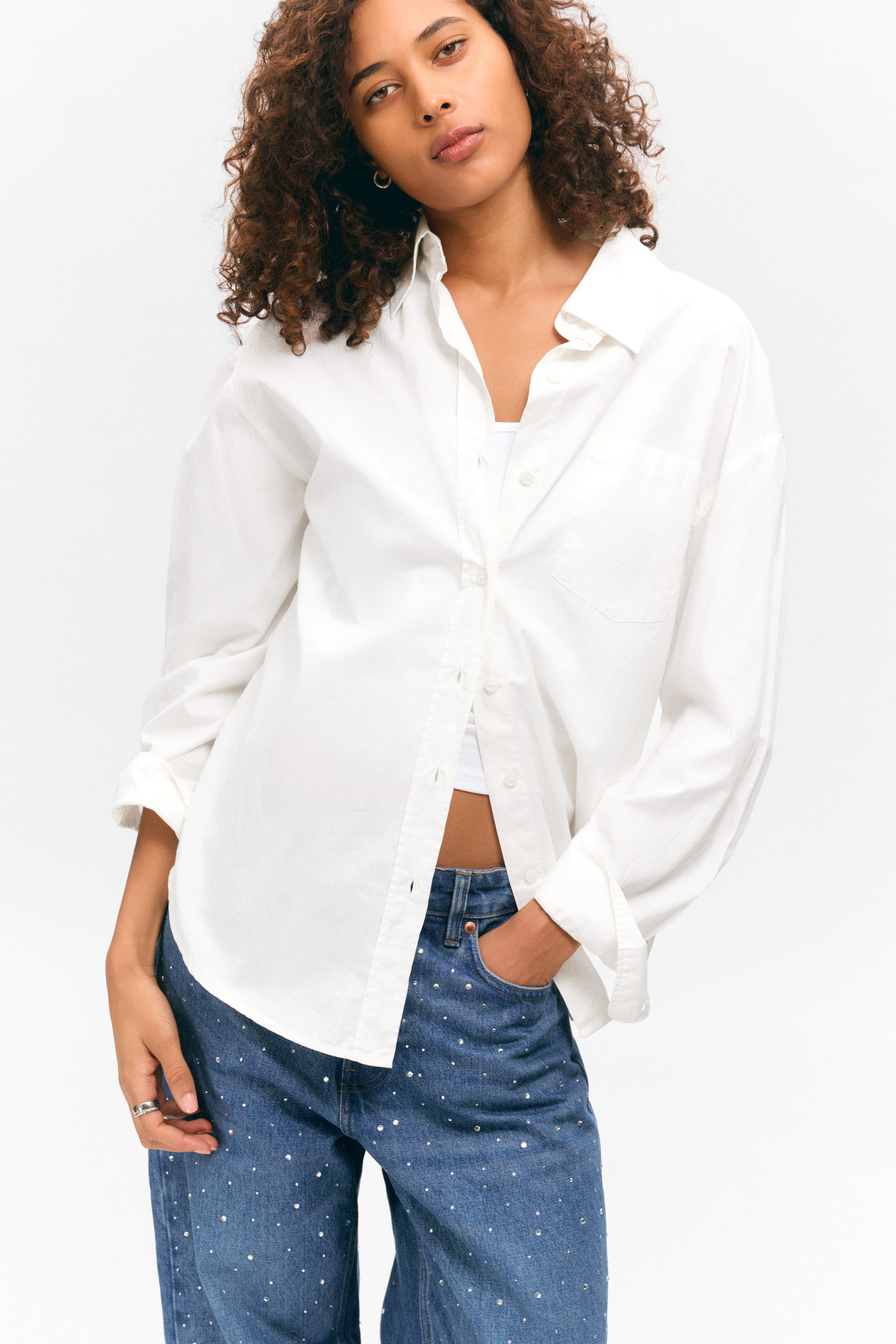 White - Long-Sleeved Oversized Poplin Shirt - 1