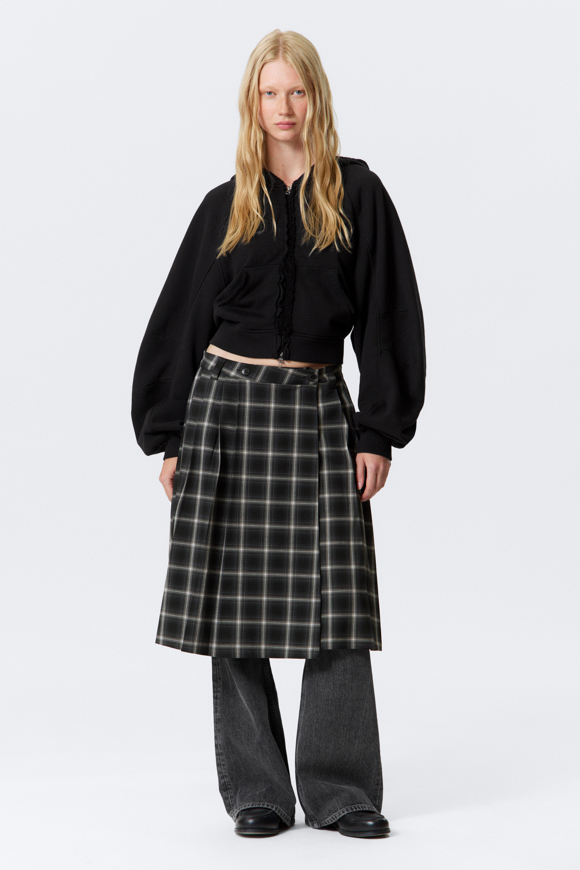 Checked - Mid Rise Pleated Midi Skirt - 1