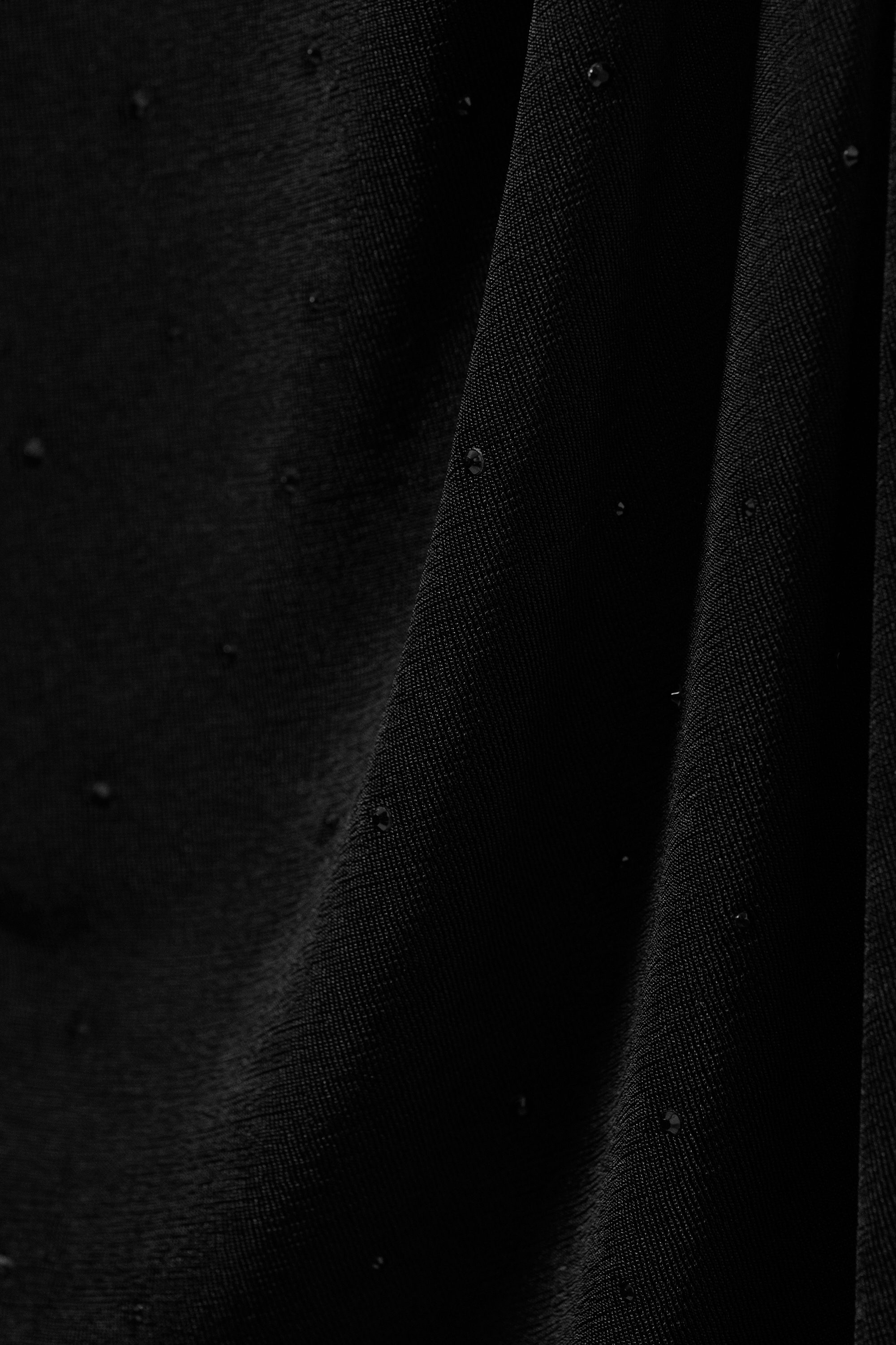 Black - Rhinestones - Gathered Long-Sleeved Boat-Neck Mini Dress - 5