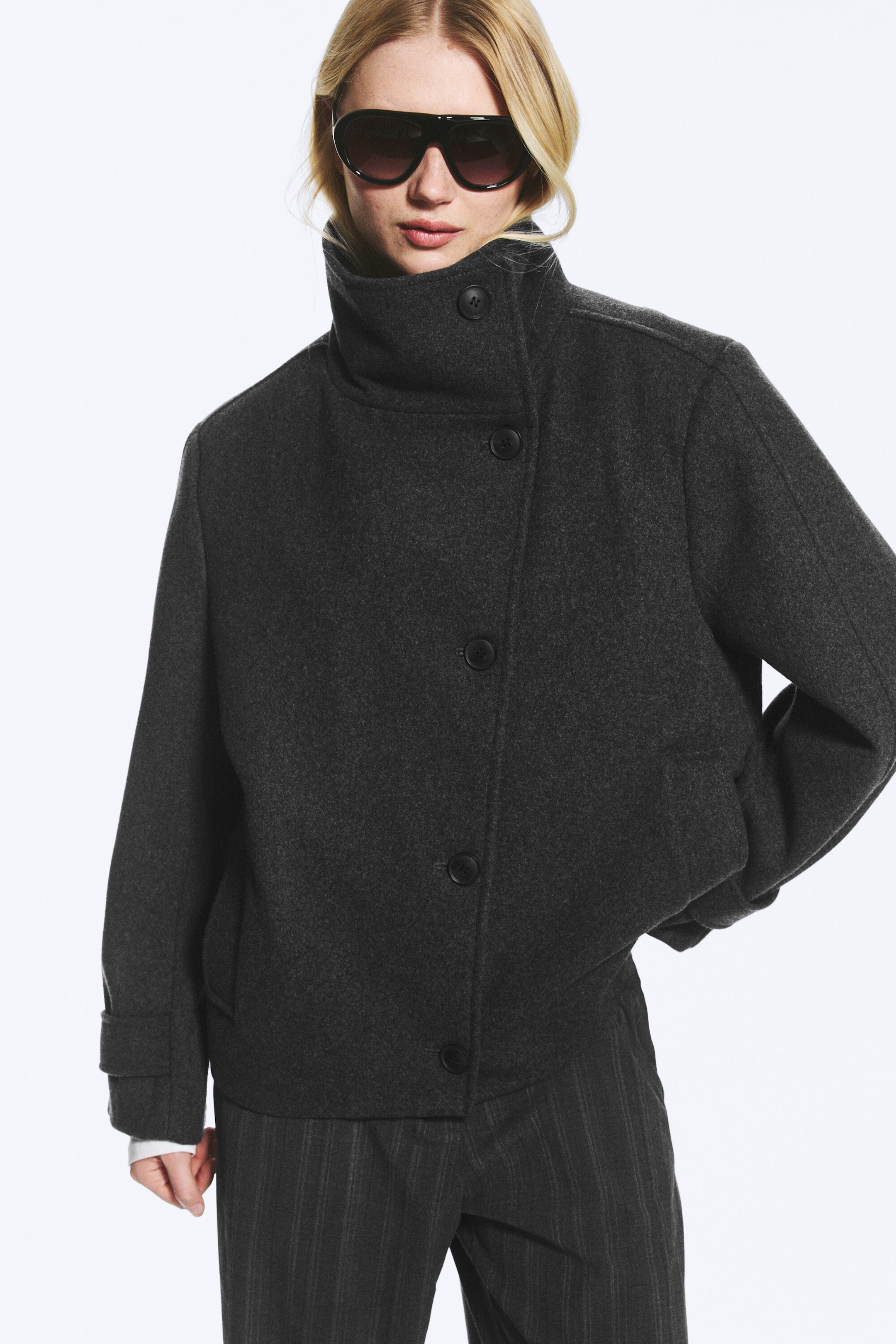 Dark Grey Melange - Funnel collar wool-blend jacket - 1