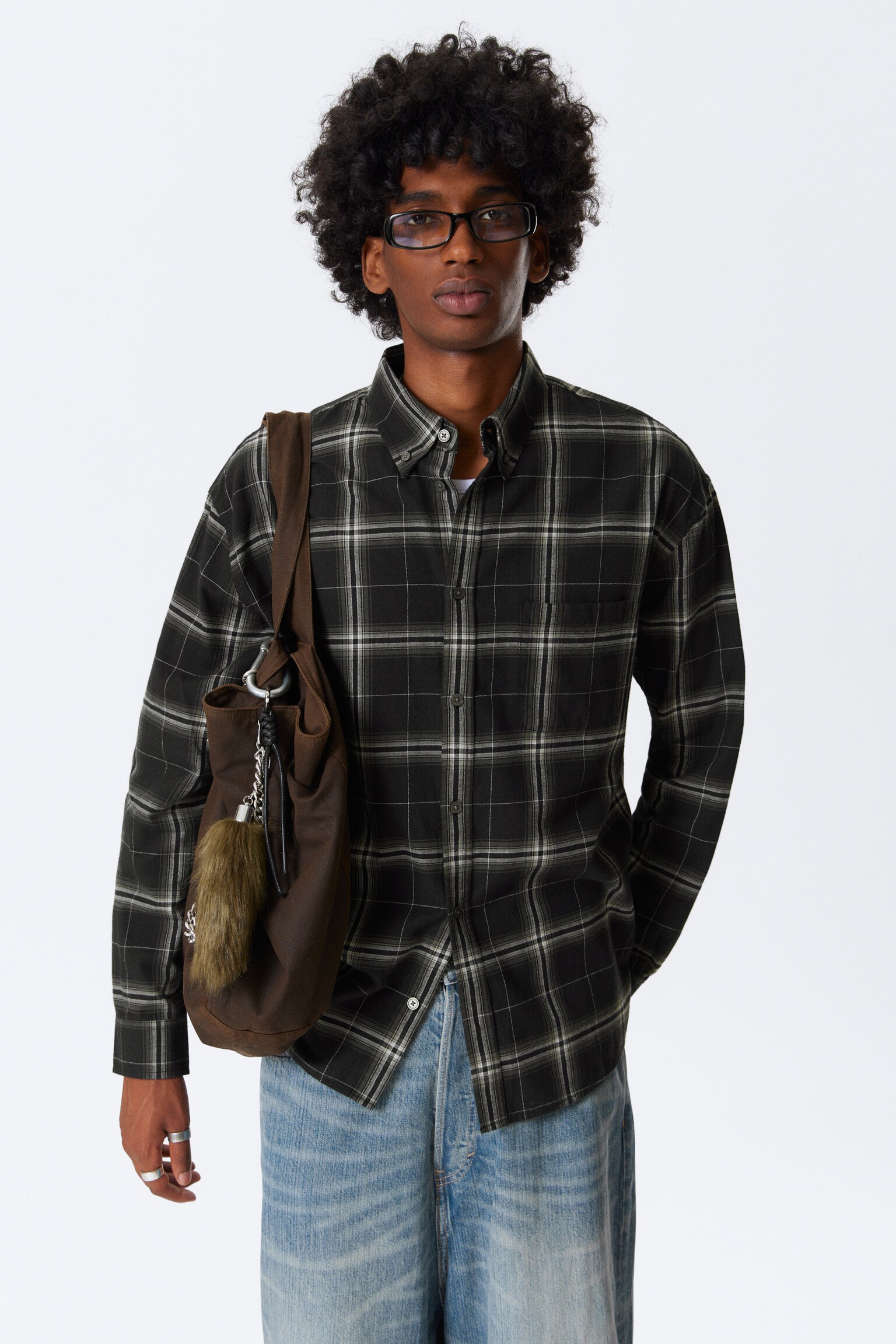 Loose Fit Checked Flannel Shirt - Black Checked - 6