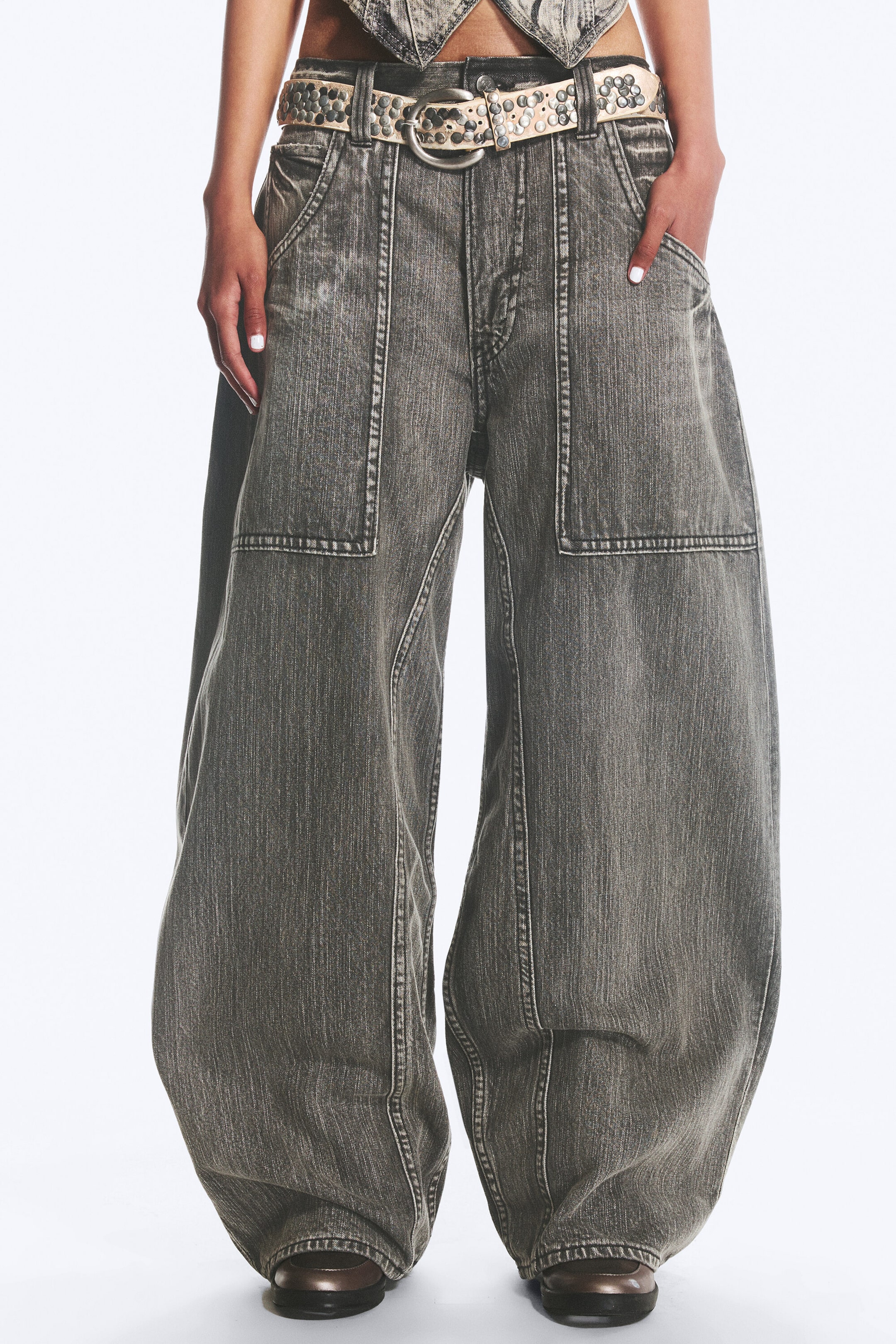 Smokey Black - Black - Dunno Unisex Low Rise Loose Barrel Jeans - 2