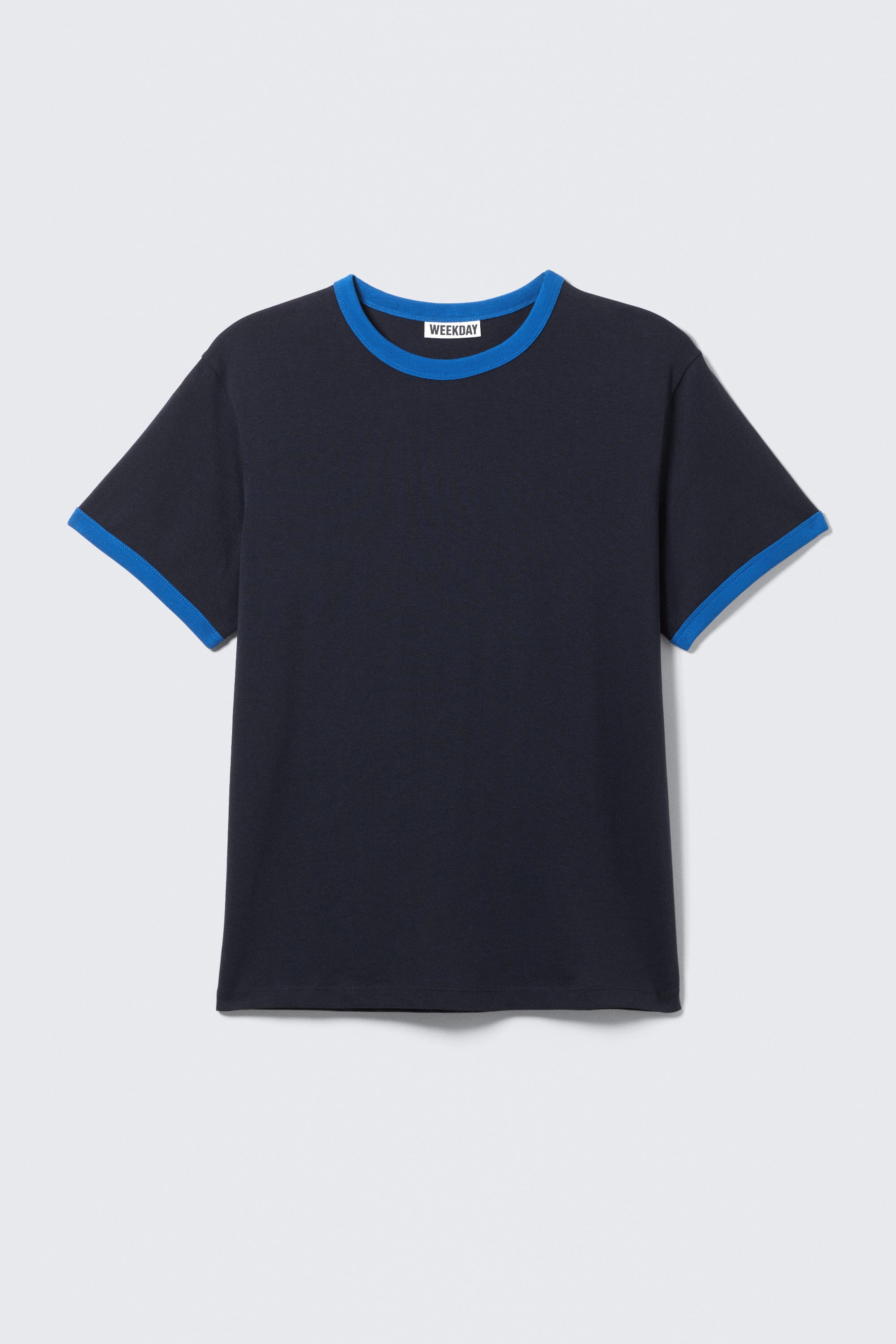 Dark Blue - Short-Sleeved Contrast Trim Cotton T-shirt - 1