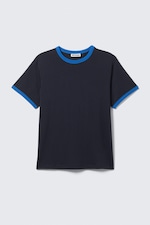 Dark Blue - Short-Sleeved Contrast Trim Cotton T-shirt - 0