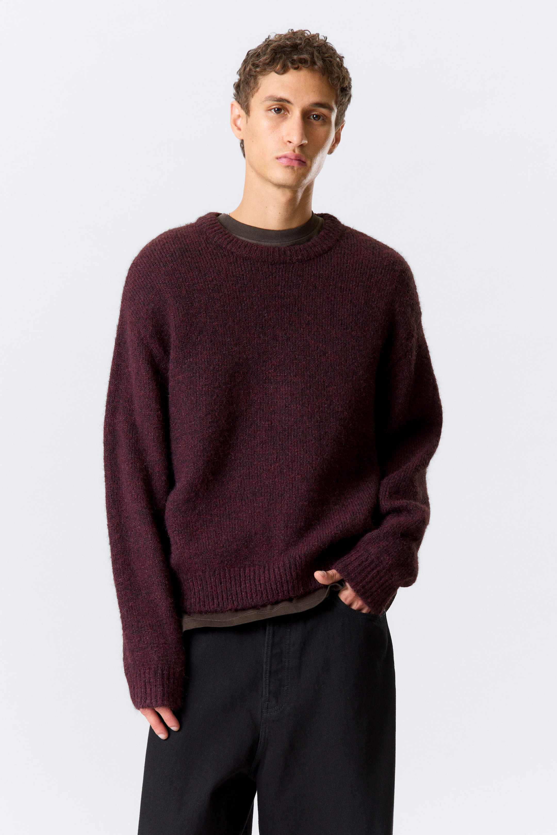 Dark Red Melange - Regular Knitted Wool-Blend Sweater - 1