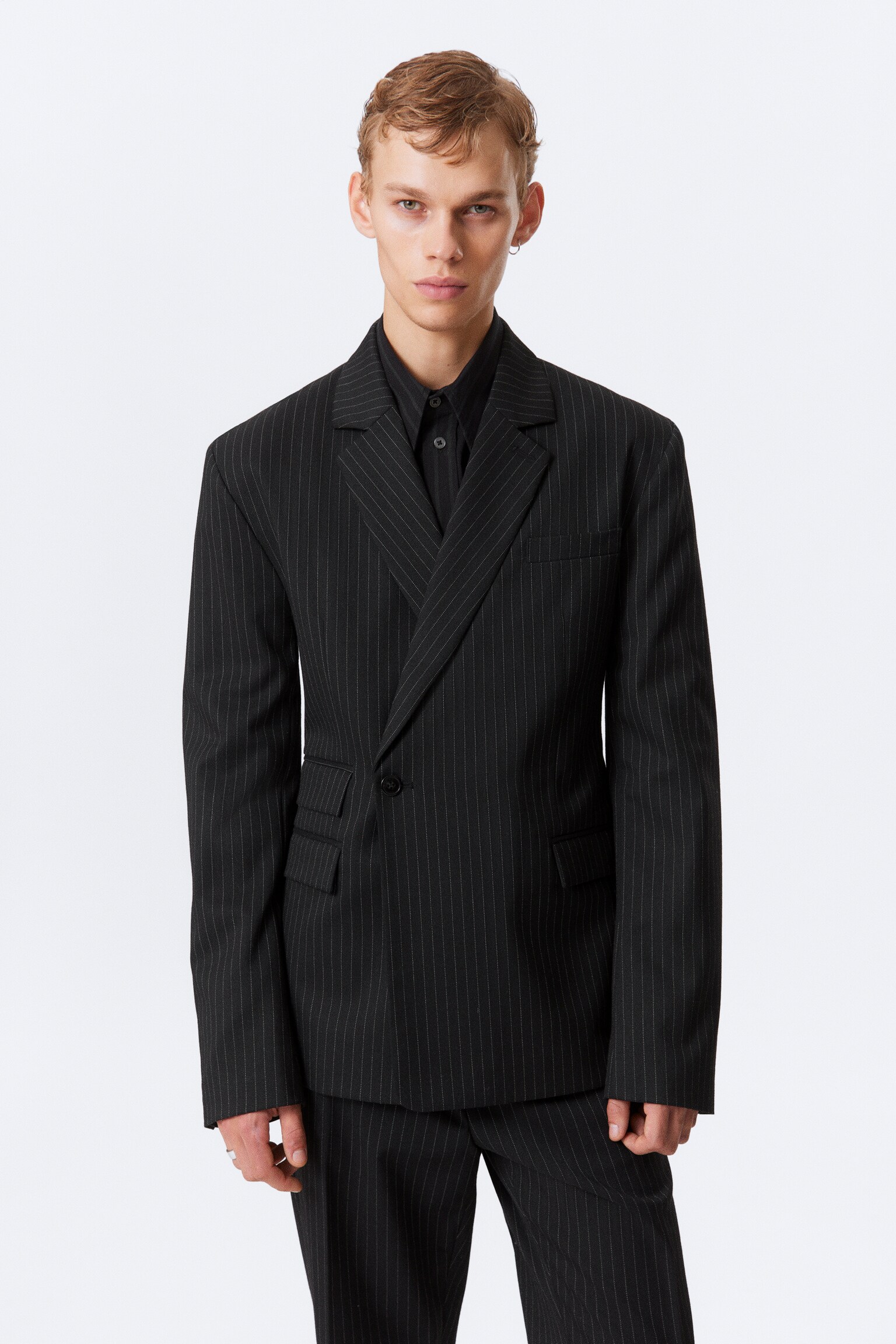 Double-Breasted Fitted Blazer - Black - Pinstriped