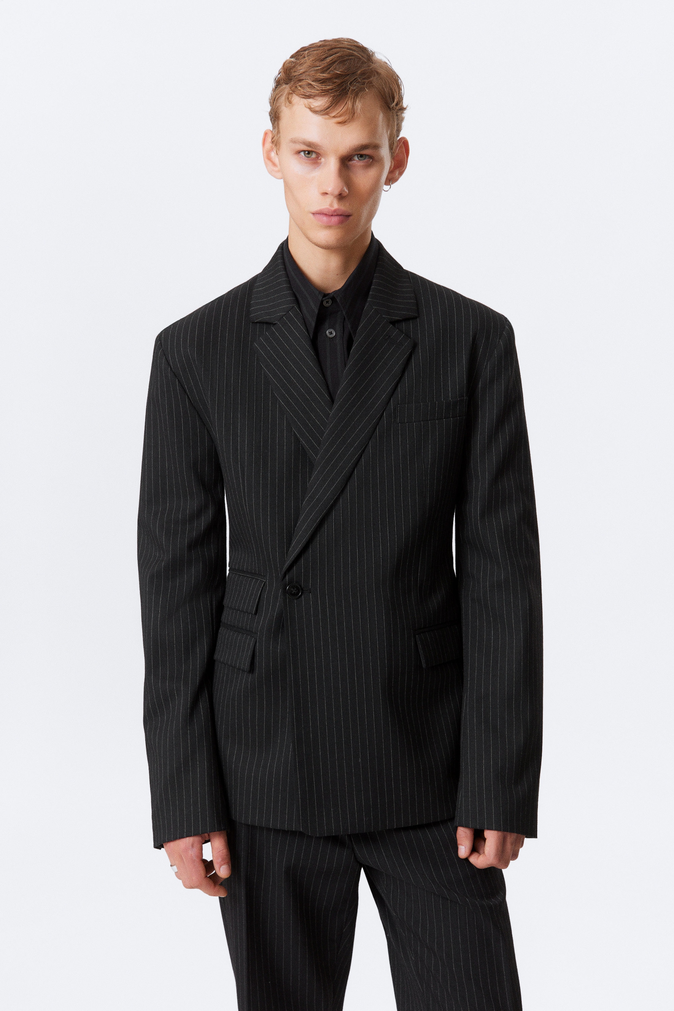 Black - Pinstriped - Double-Breasted Fitted Blazer - 1