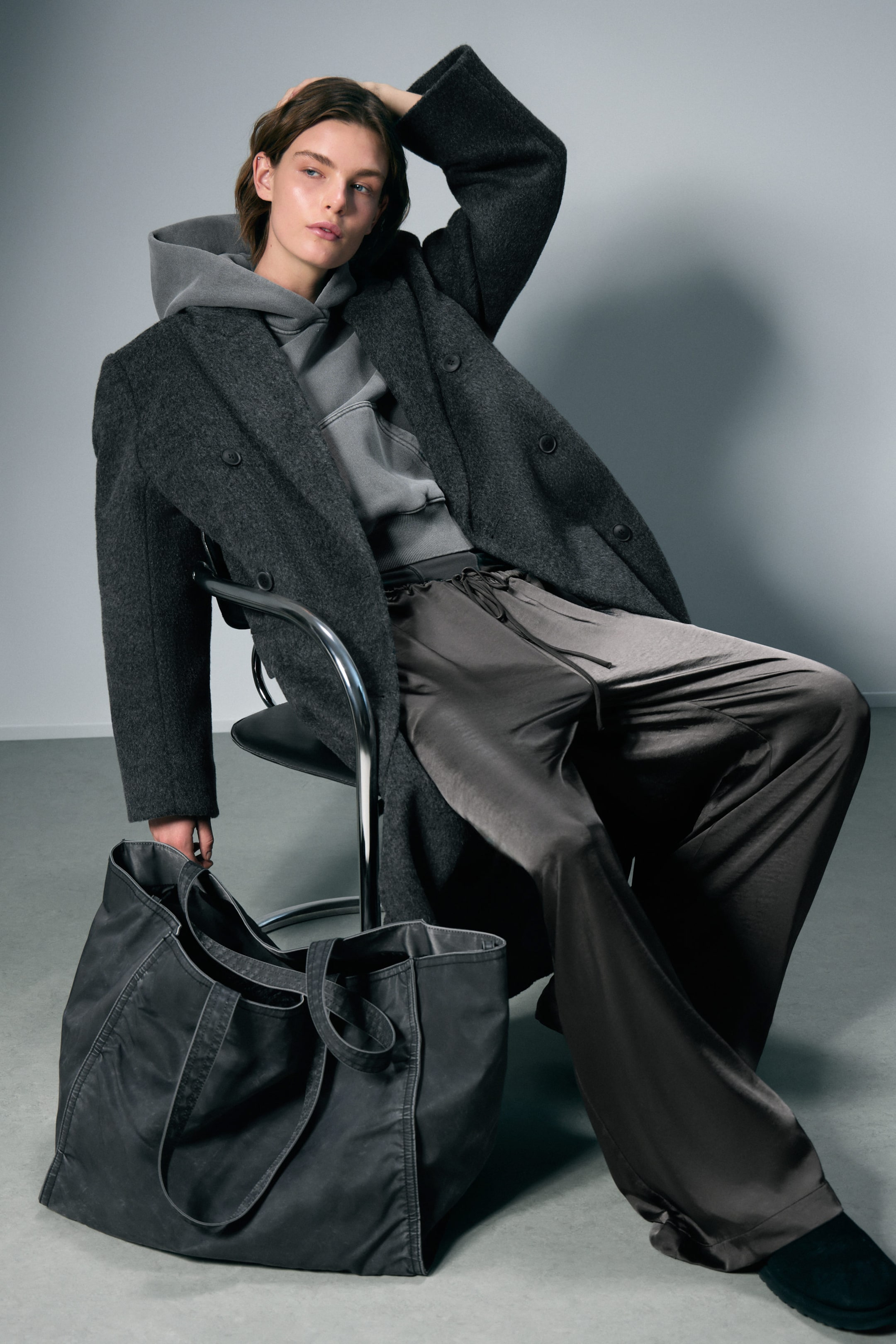 Dark Grey Melange - Logan Hairy Double-Breasted Wool-Blend Coat - 4