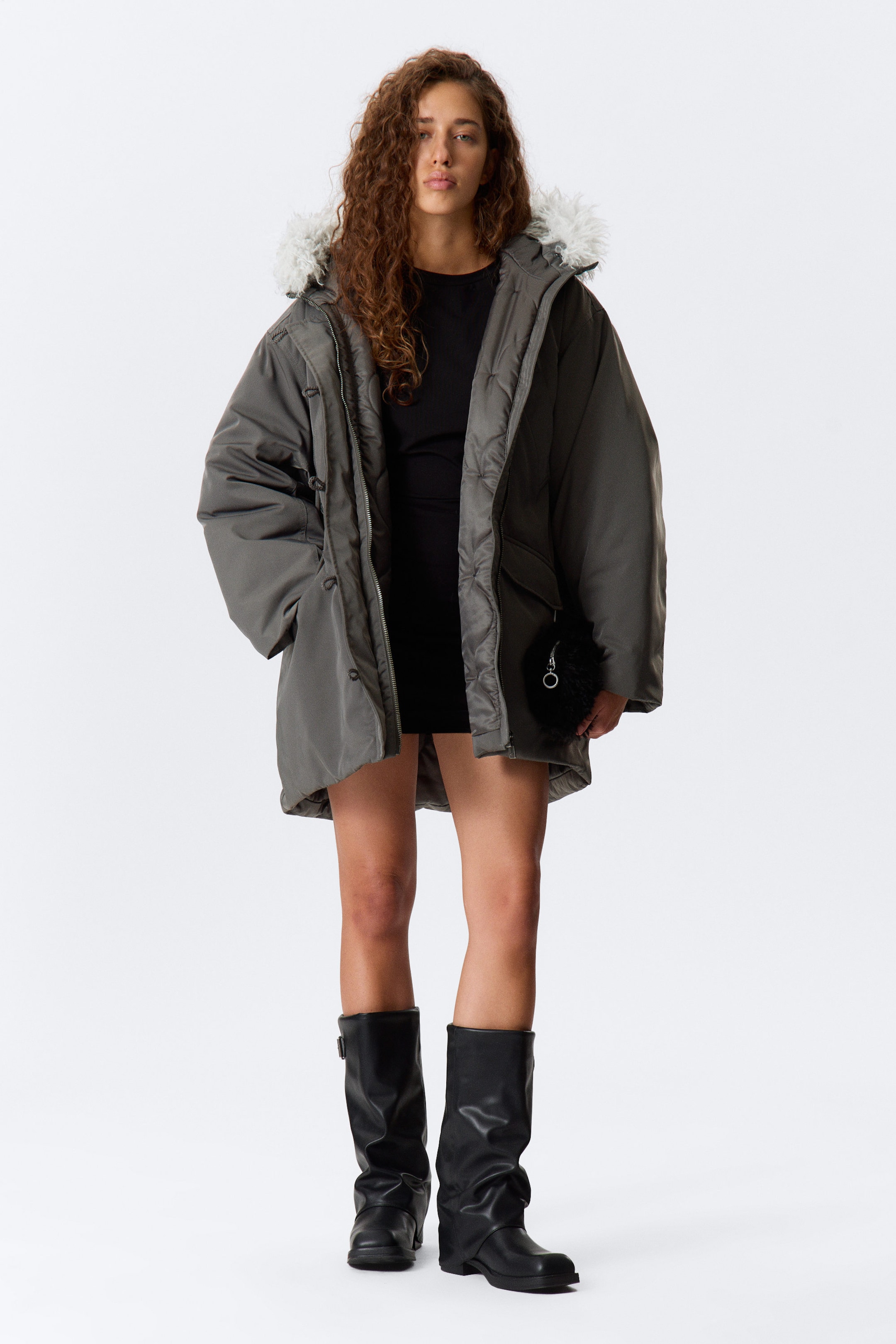 Dark Grey - Padded Bomber Parka with Faux Fur Trim - 1