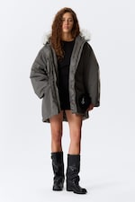 Dark Grey - Padded Bomber Parka with Faux Fur Trim - 0