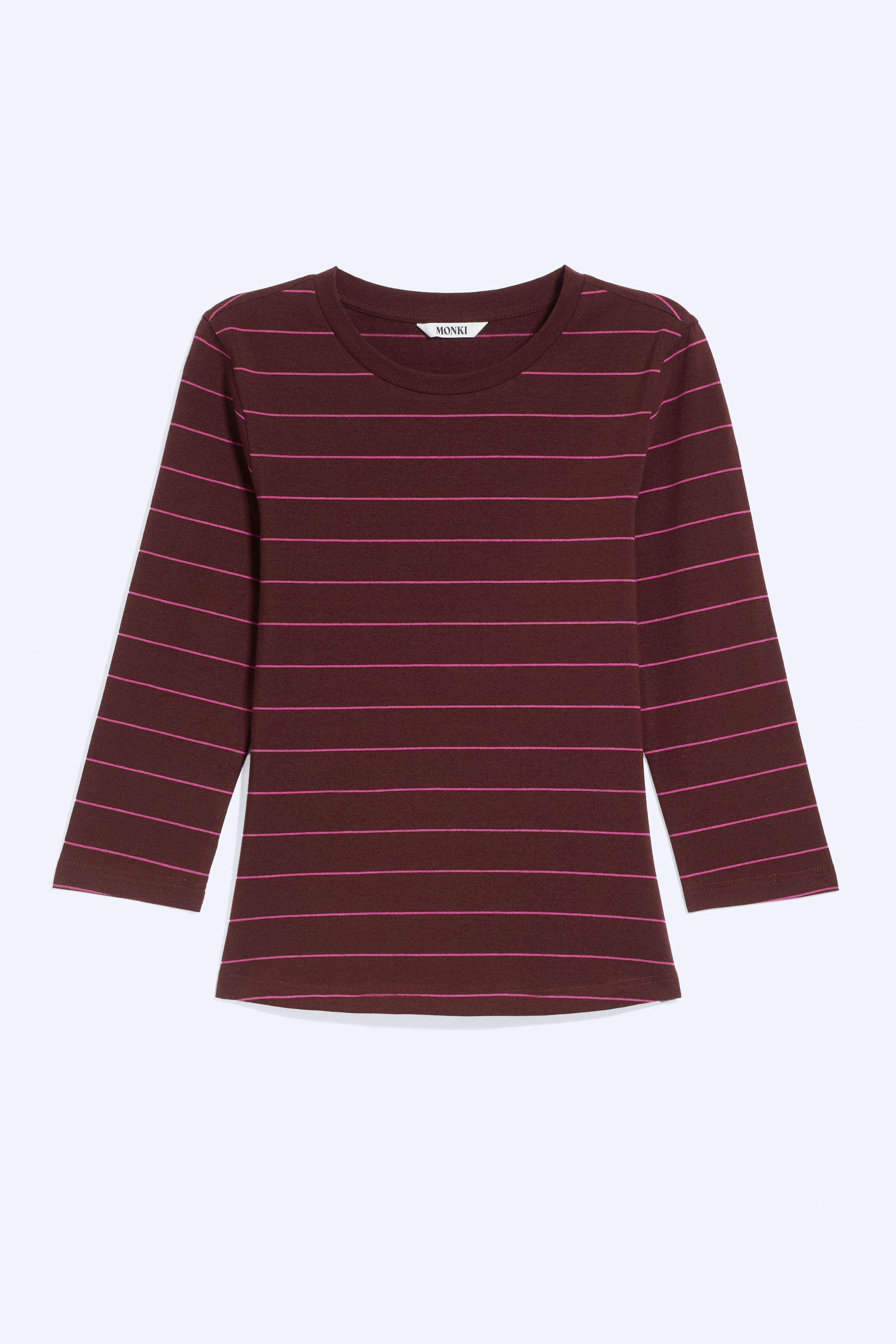 Round Neck Three-Quarter Sleeve Top - Striped Dark Red/Pink/White/Dark Brown/Striped Yellow/Mole/Light Dusty Peach/Pink Multistripe