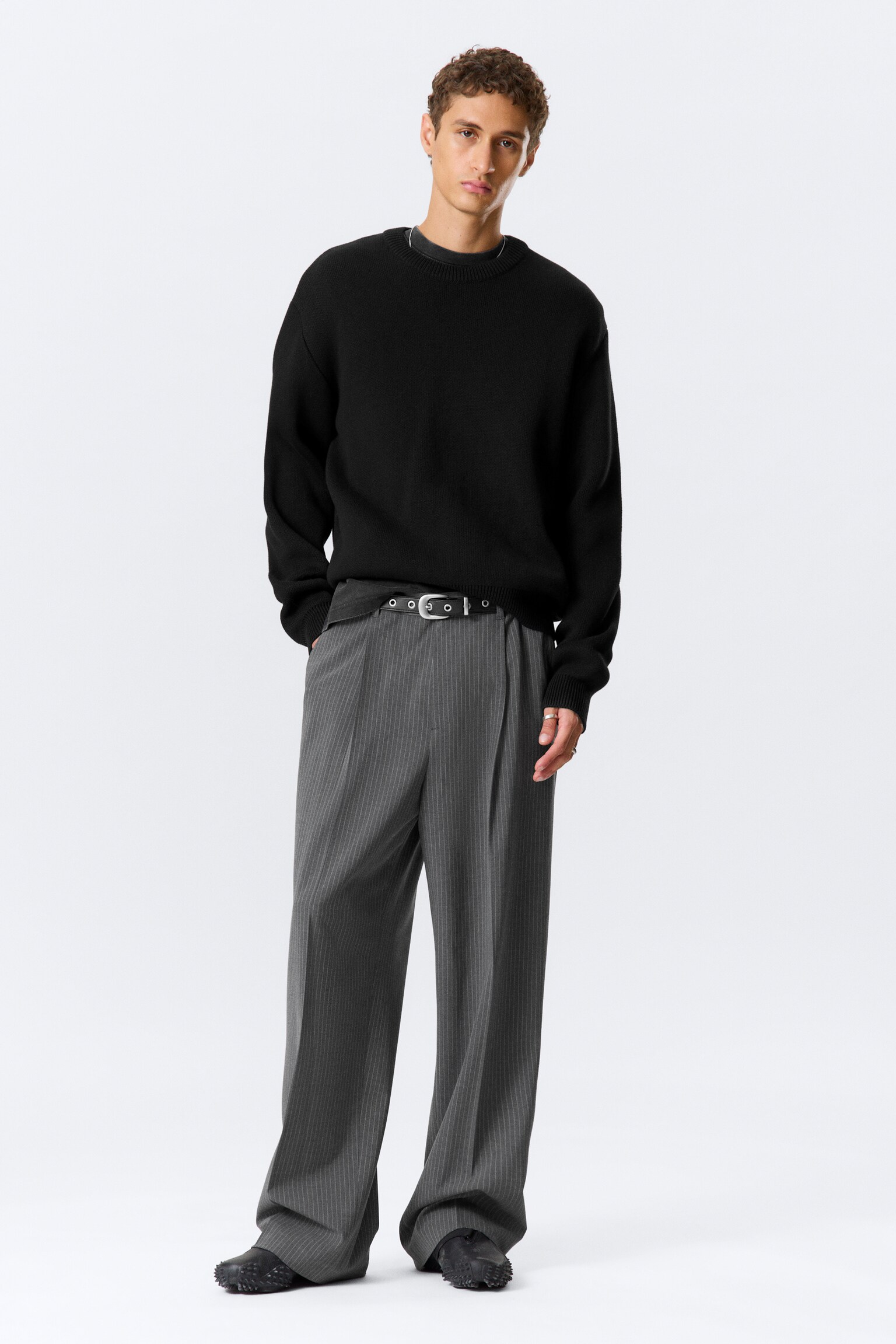 Regular Knitted Cotton Sweater - Black/Dirty White - 5