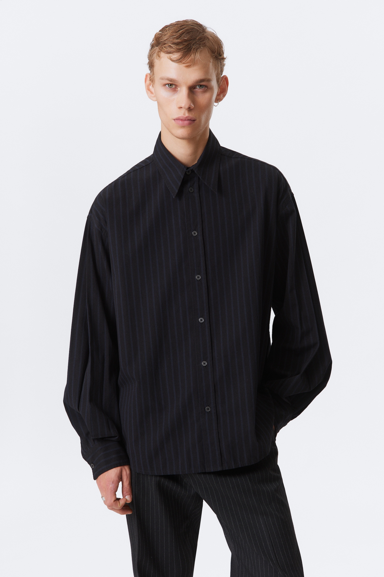 Oversized Button-Up Poplin Shirt - Black - Dark Blue Stripes