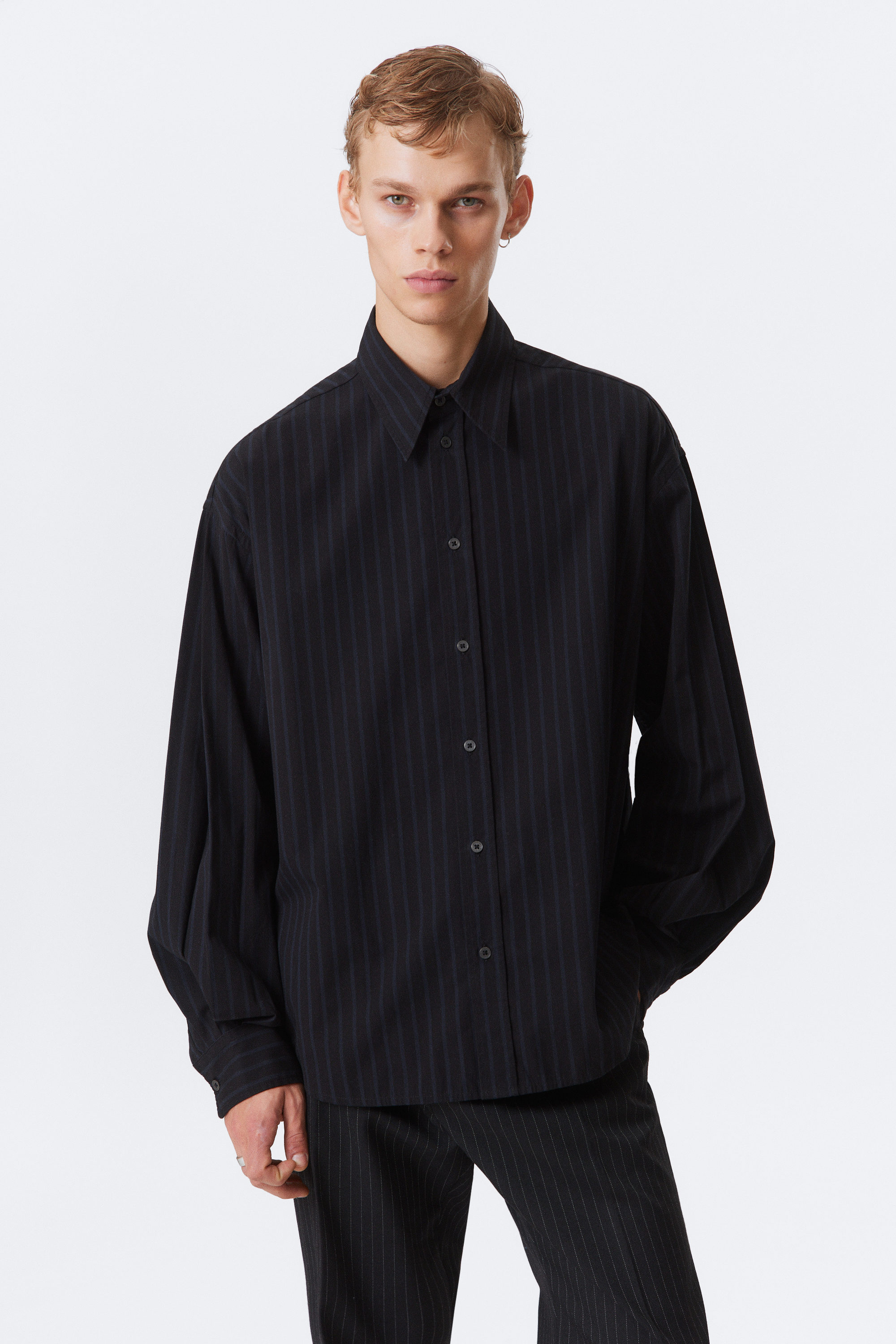 Black - Dark Blue Stripes - Oversized Button-Up Poplin Shirt - 1