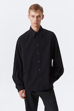 Noir - Rayures bleu foncé - Chemise boutonnée oversize en popeline - 0