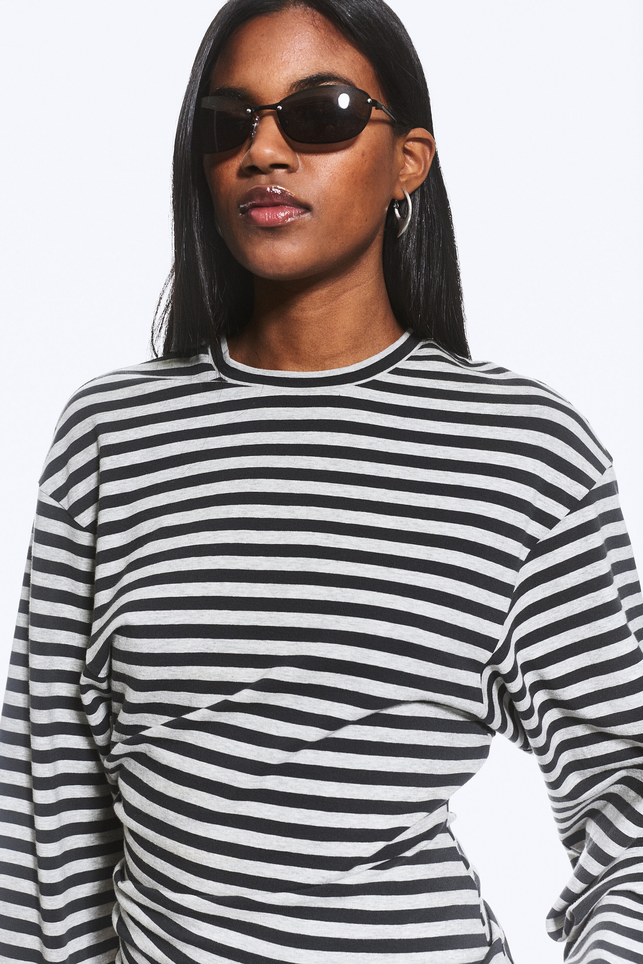 Black/Grey Stripe - Ruched Long-Sleeved T-shirt - 2