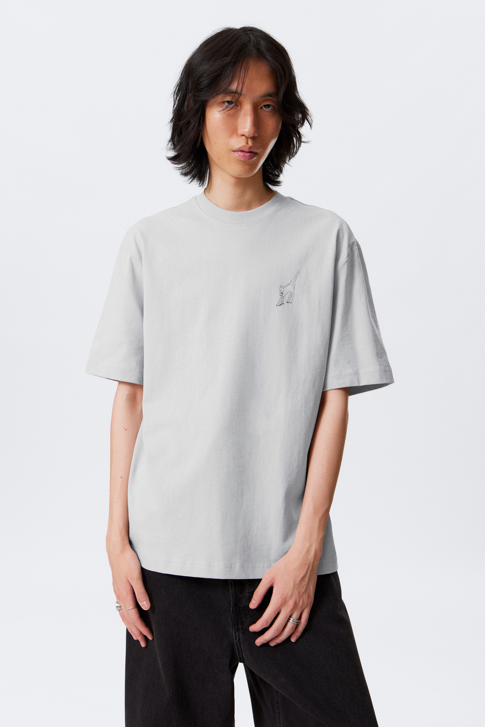 Grey - Scared Cat - Relaxed Graphic Printed T-shirt - 1