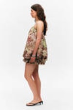 Brown & Green Floral Dots - Sleeveless Balloon Mini Dress - 2
