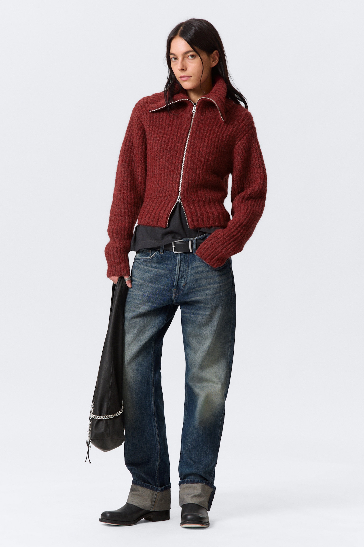 Ribbed Zip-Up Knit Cardigan - Dark Red Melange/Dark Grey Melange - 4