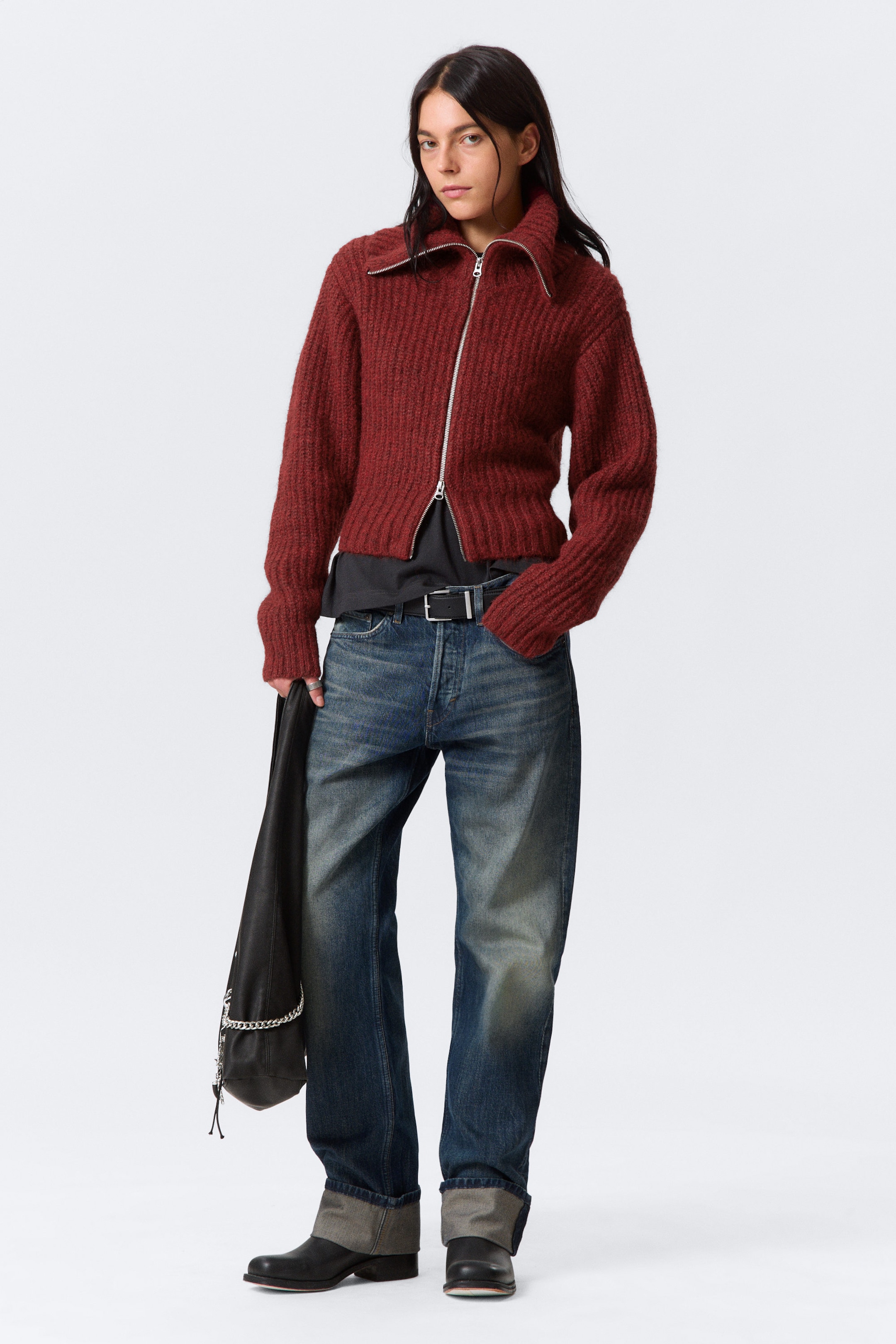 Dark Red Melange - Ribbed Zip-Up Knit Cardigan - 2