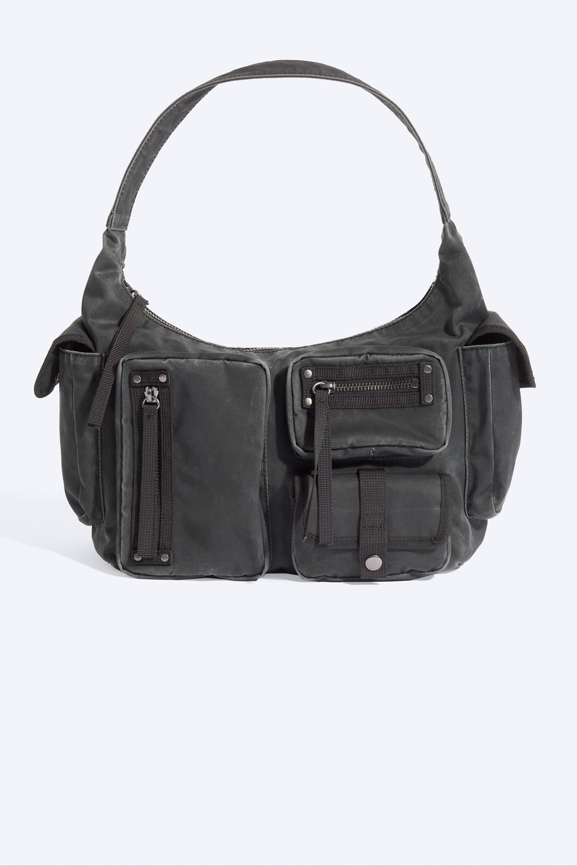 Mala De Ombro Com Vários Bolsos - Preto com lavagem/Toupeira clara esbatida